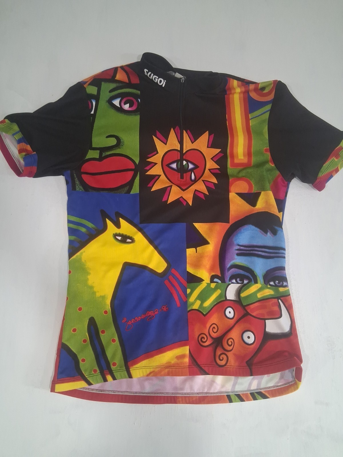 Vtg Womens Sugoi Biking Jersey Joe Average Picasso Bold Colorful L/XL Graphic