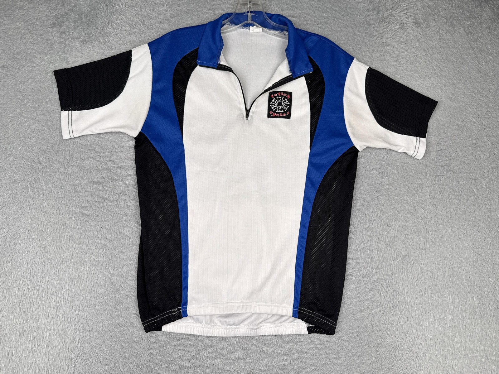 Fetish Cycles Cycling Jersey Mens Medium White Blue Black Zip Pockets Shirt Poly