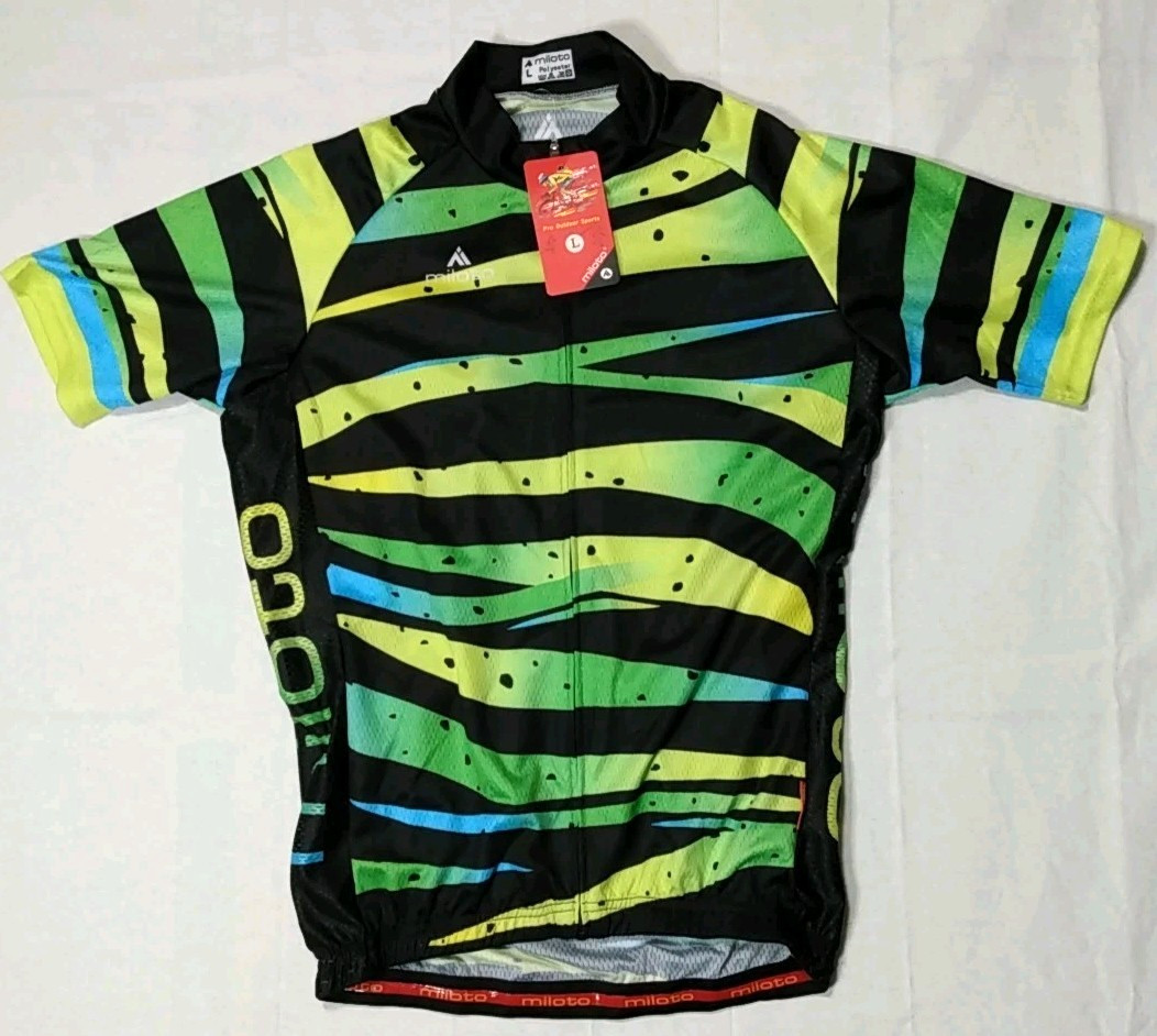 NEW Mens L Miloto Cycling Jersey Full Zip Pockets Black Yellow Green Multicolor