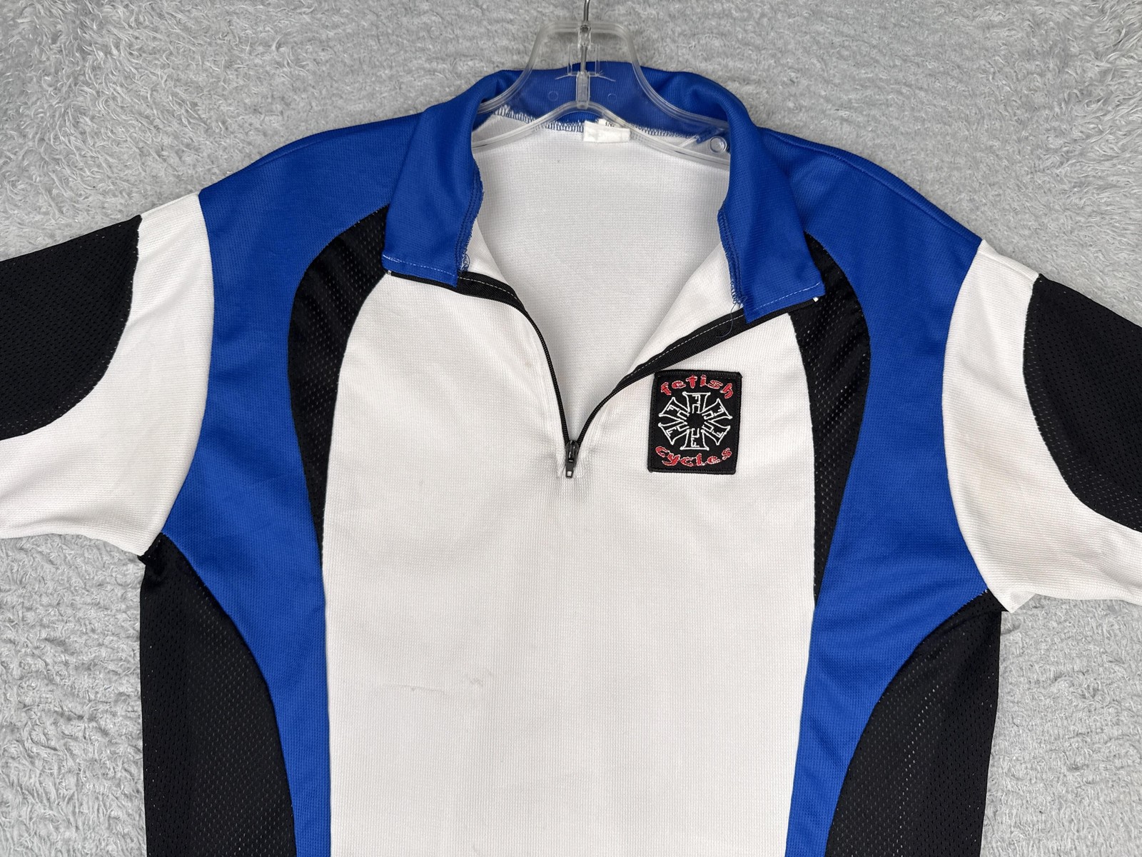 Fetish Cycles Cycling Jersey Mens Medium White Blue Black Zip Pockets Shirt Poly