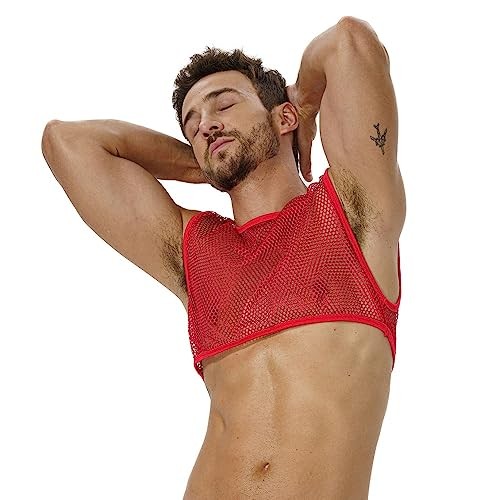 Mens Mesh Crop Top, Fishnet Tank Top Sleeveless Half Pride Shirt Medium Red