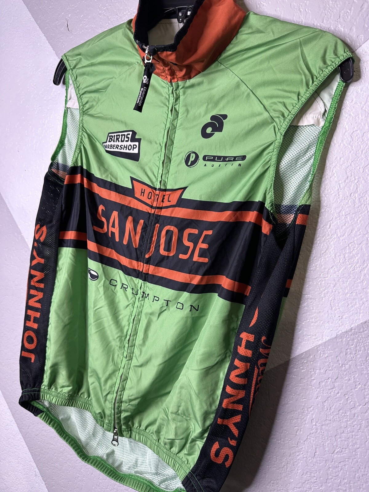San Jose Cycling Light Vest Jersey Green Orange Full Zip Lightweight Mens Small