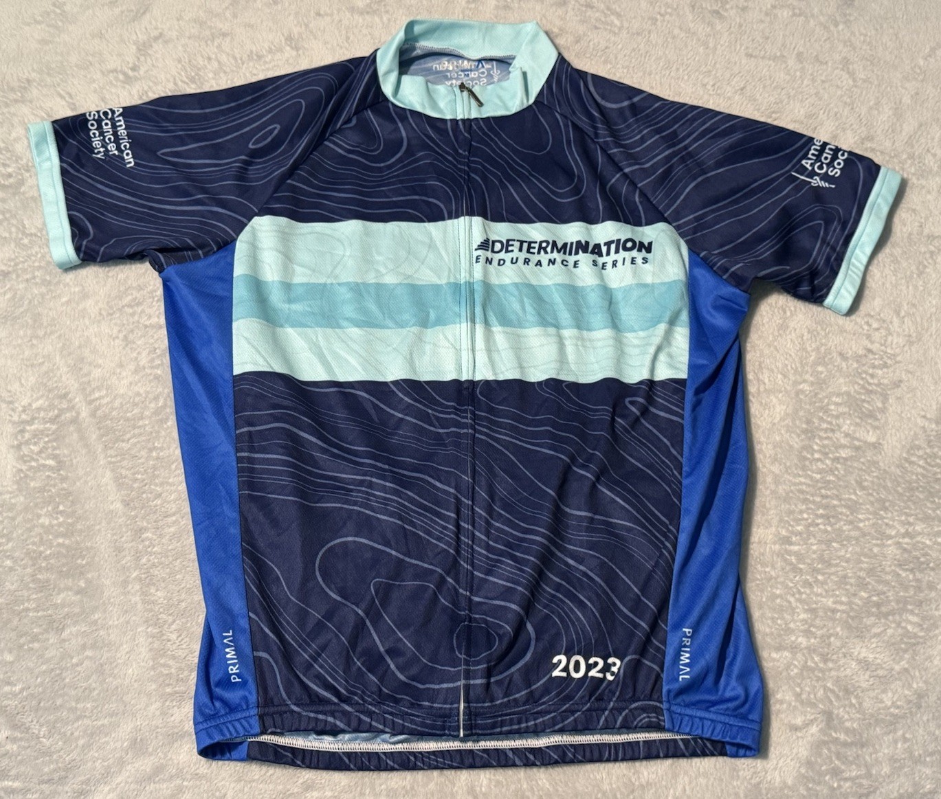 Primal Cycling Jersey L Teal Blue Full Zip Short Sleeve American Cancer Society