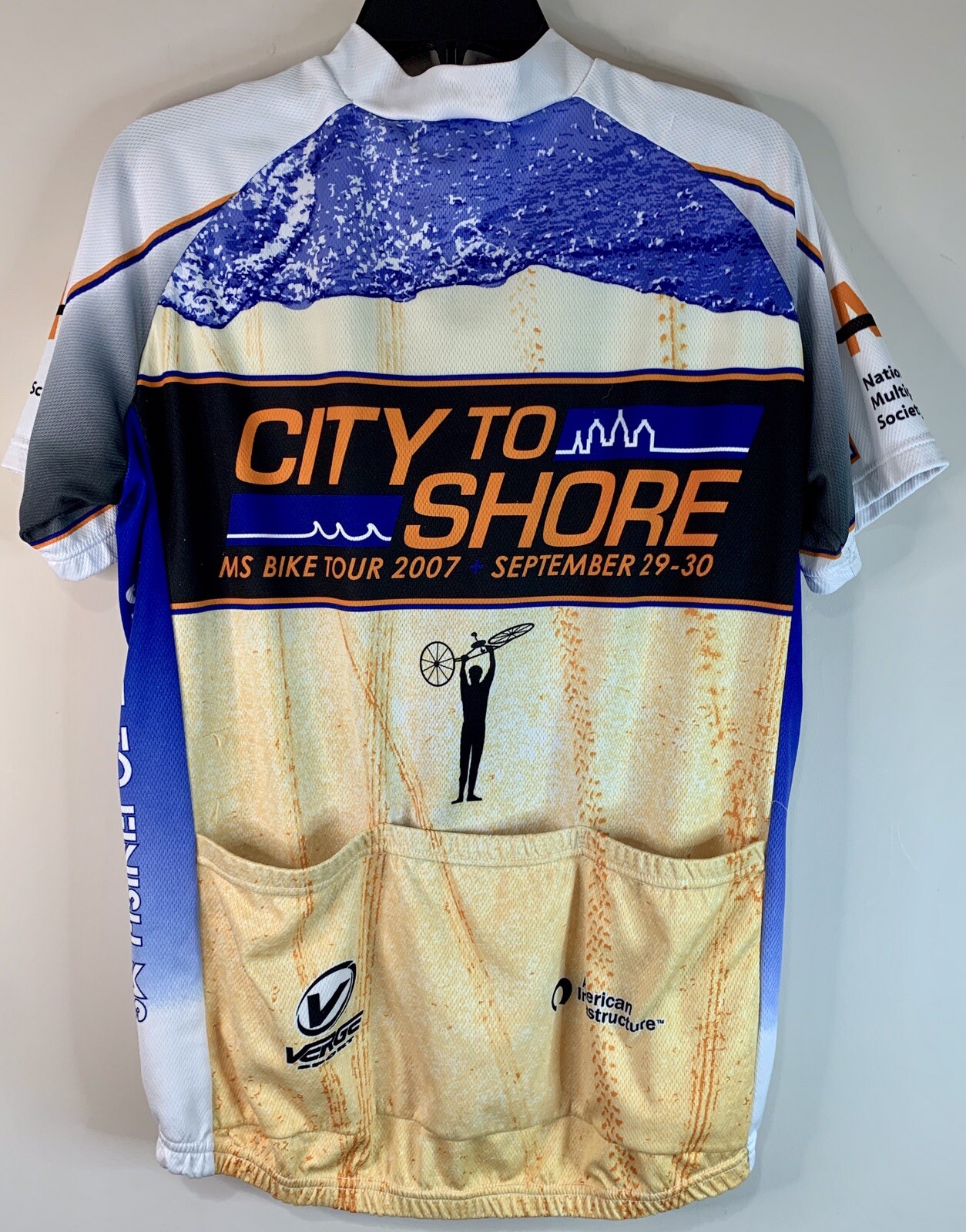 2007 MS City to Shore Cycling Jersey Verge 1/4 Blue White Tan Shrt Sleeve Mens M