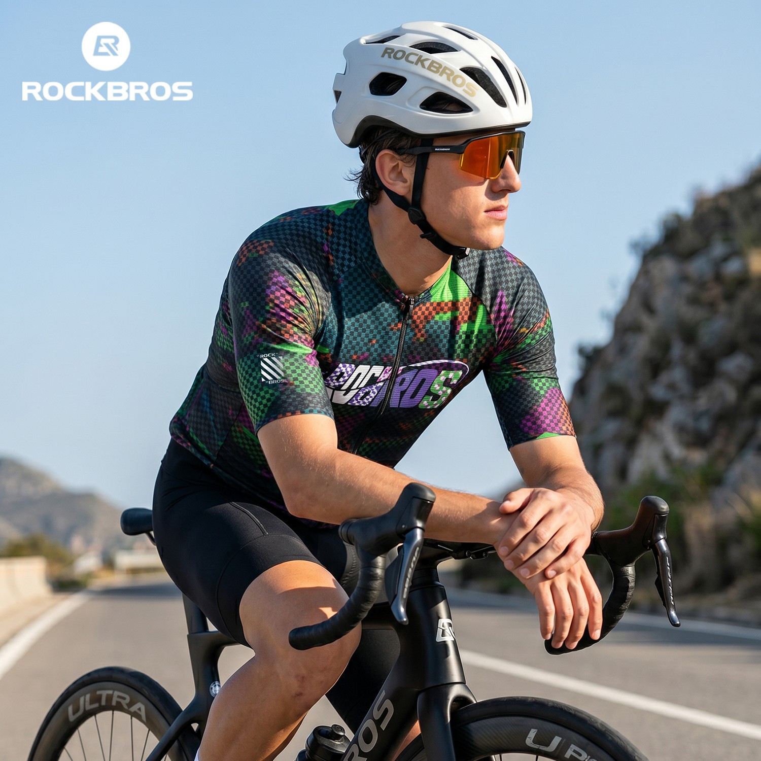ROCKBROS Men’s Short Sleeve Cycling Jersey Pixel Print Breathable Quick Dry