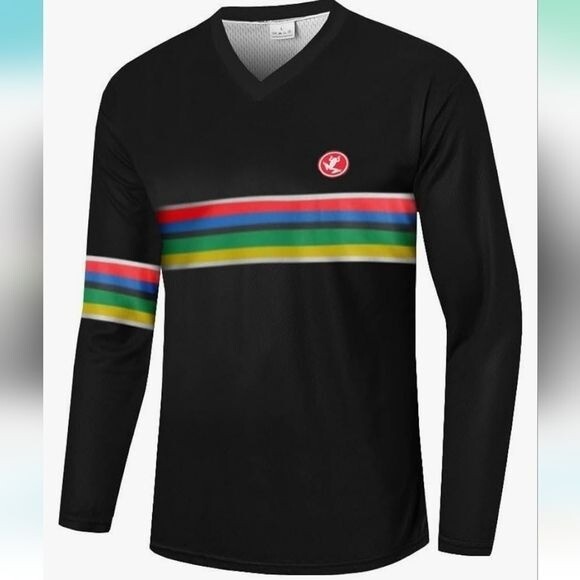 Ugly Frog Cycling Long Sleeve Vneck Black Rainbow Stripes Sz. L Jersey