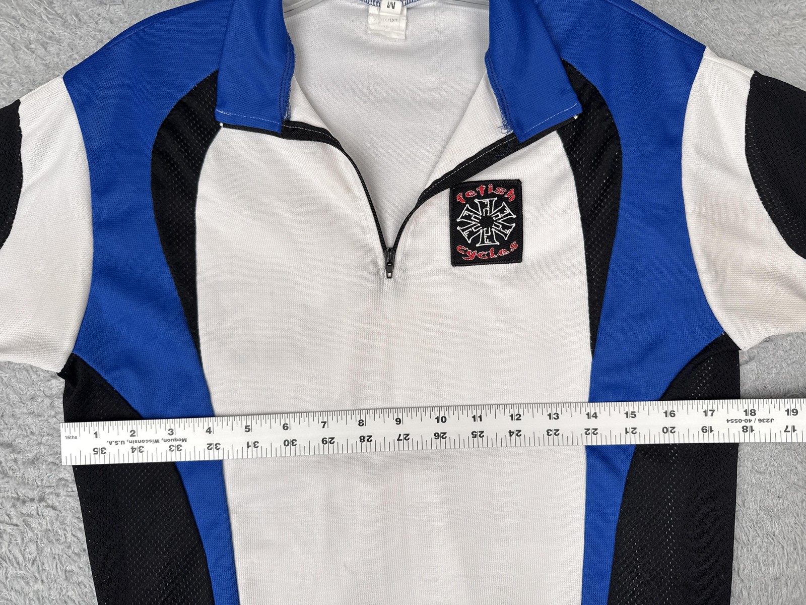 Fetish Cycles Cycling Jersey Mens Medium White Blue Black Zip Pockets Shirt Poly