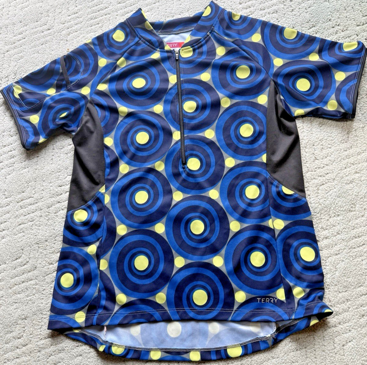 Terry Cycling Jersey Shirt Womens Large Half Zip Graphic Circle Pattern Pockets