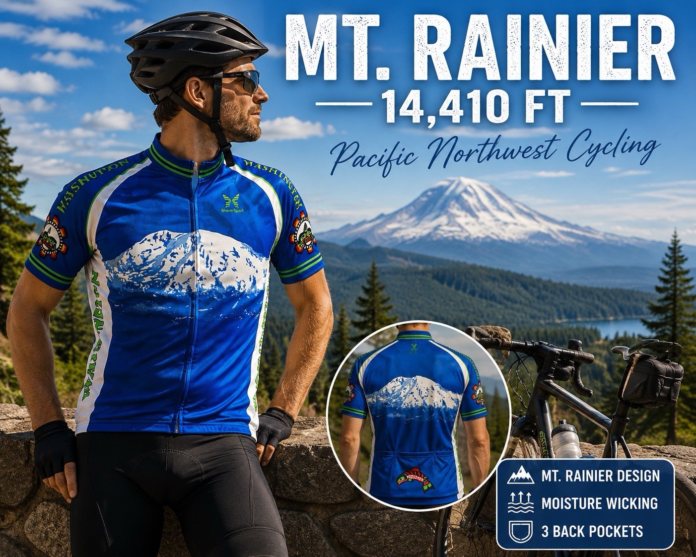 Mt Rainier Washington Cycling Jersey Large ShaverSport Full Zip Bike Shirt Blue
