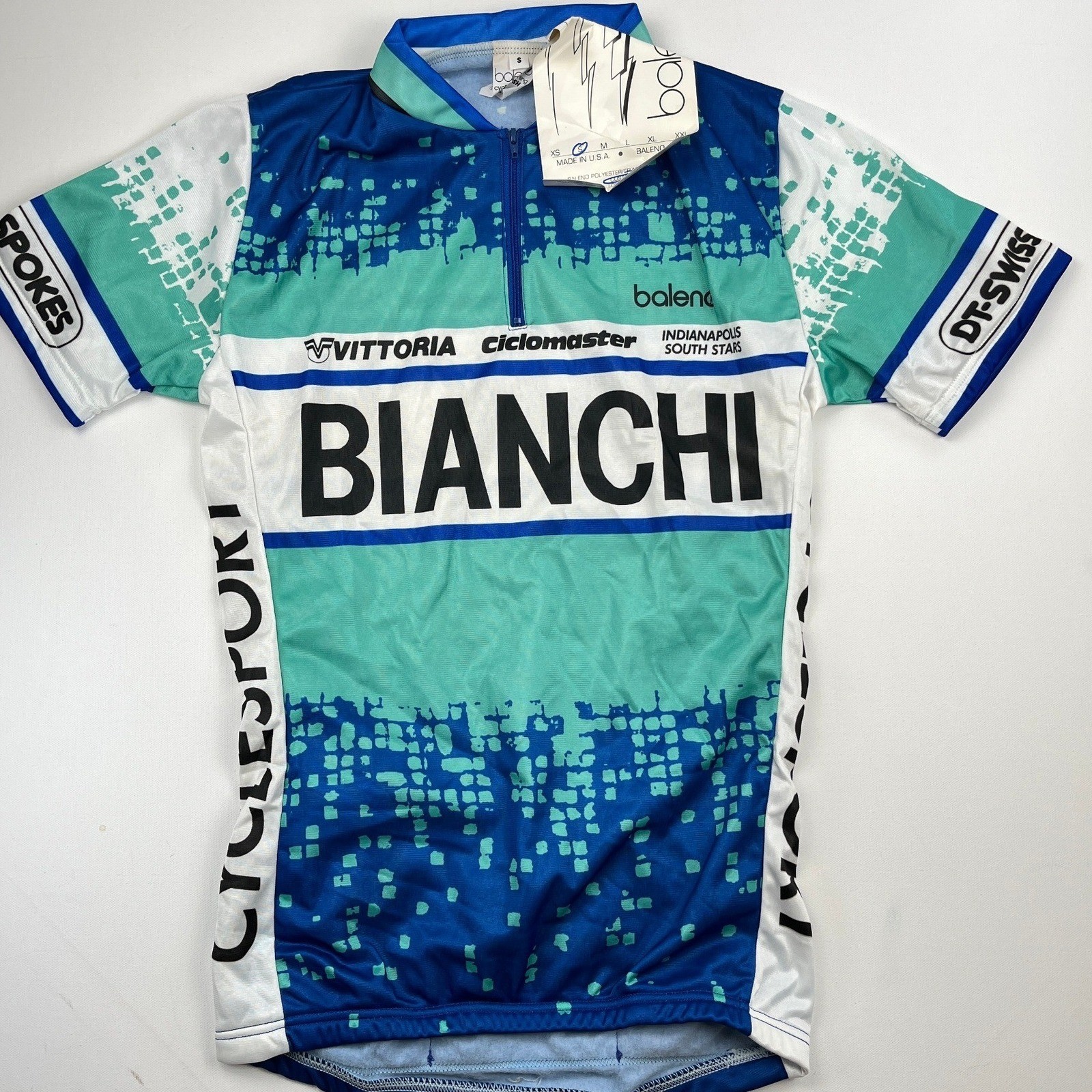 Vintage Bianchi Cycling Jersey NWT Baleno USA Men’s Small Blue Pixel Fade 90s