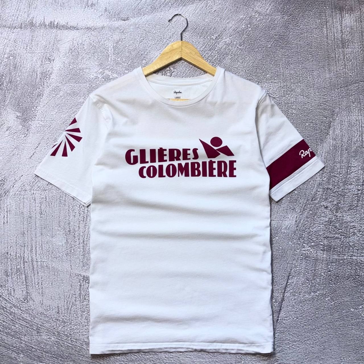 Rapha L’Etape du Tour Cycling T-Shirt White Burgundy Size L Glieres Colombiere