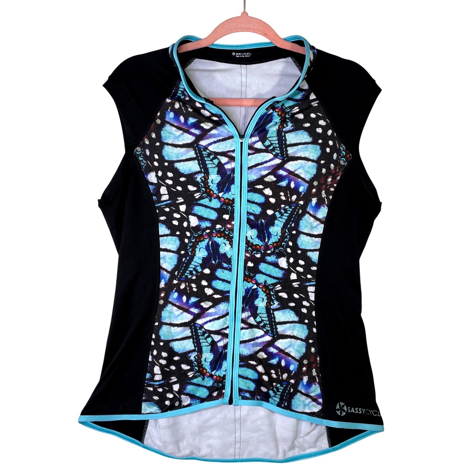 Sassy Cyclist Womens Sleeveless Cycling Jersey Blue Butterfly Print Full Zip L