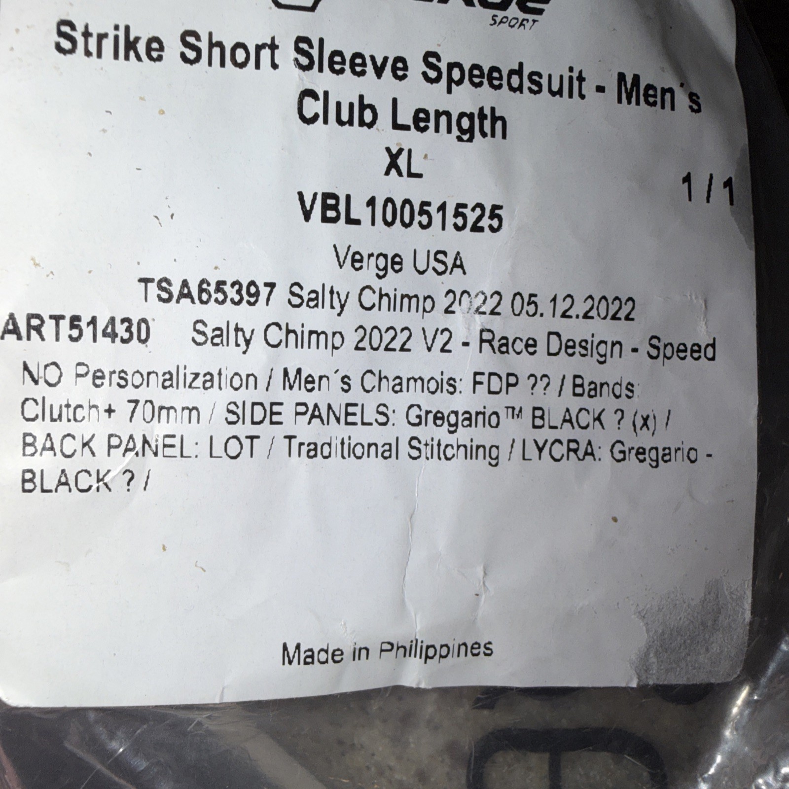 Verge Strike ShortSleeve Salty Chimp 22’ V2 Race Design Speedsuit Club Length XL