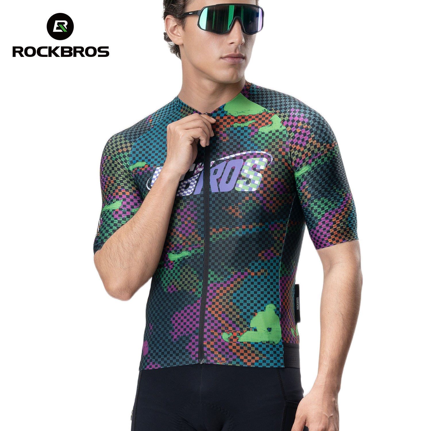 ROCKBROS Men’s Short Sleeve Cycling Jersey Pixel Print Breathable Quick Dry