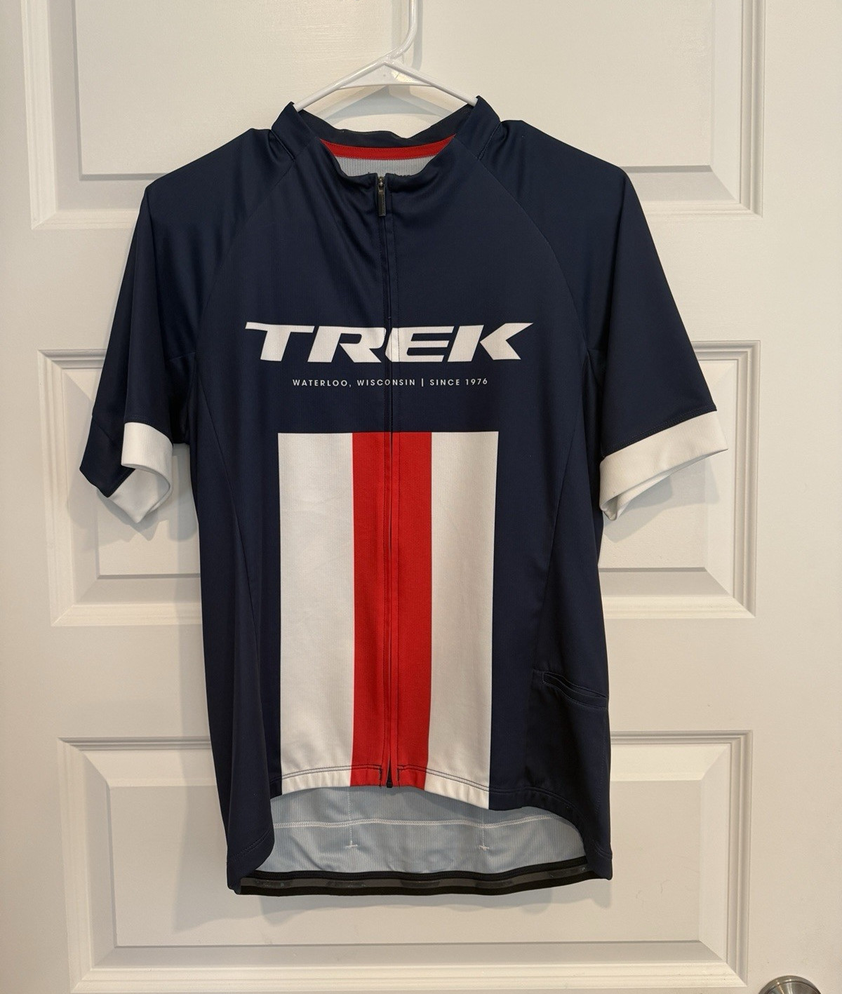 Trek Cycling Jersey Men’s L Blue White Red Short Sleeve Full Zip Pockets Poly