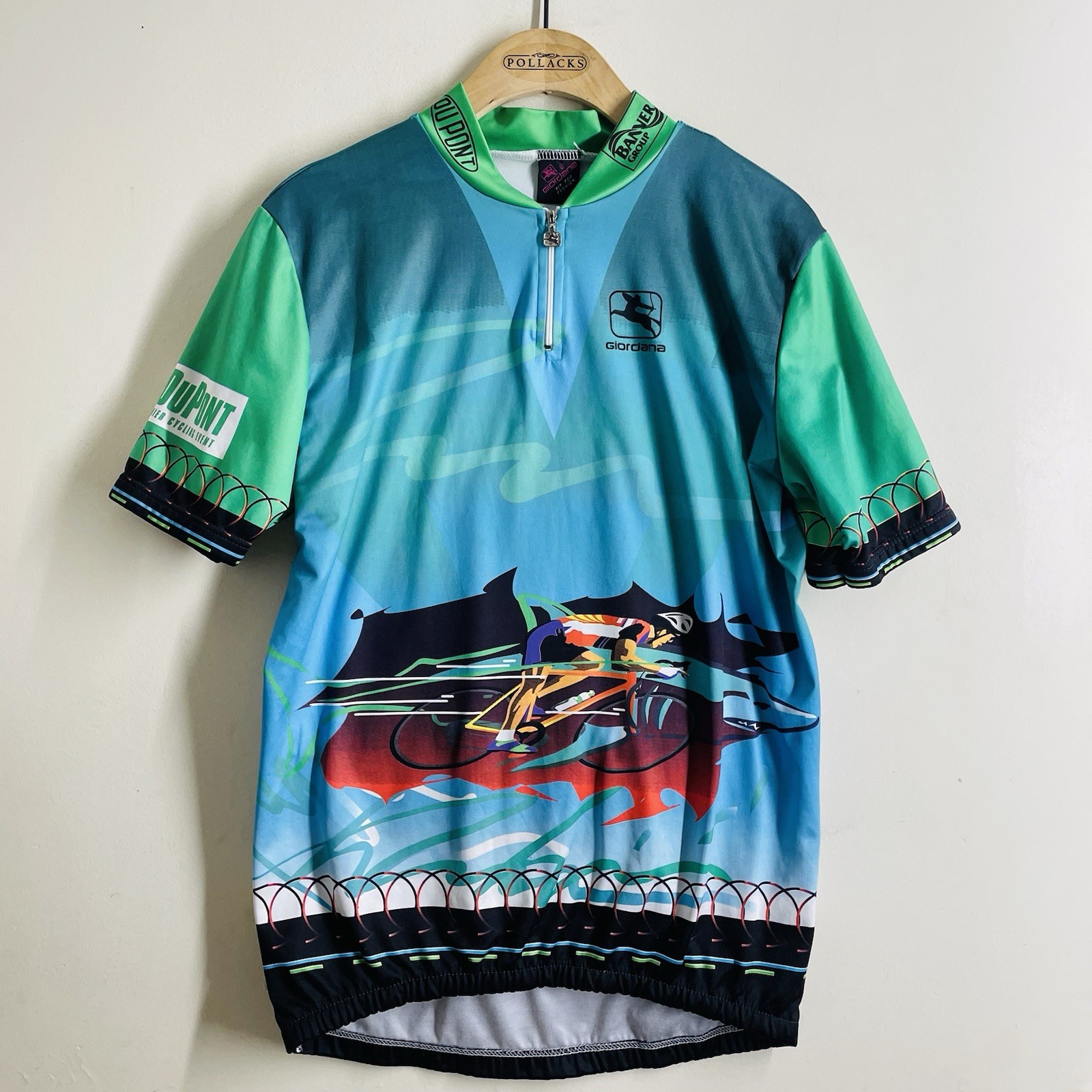 Giordana DuPont Cycling Jersey mMen’s L Blue Green Shark 1/4 Zip Race Bike USA