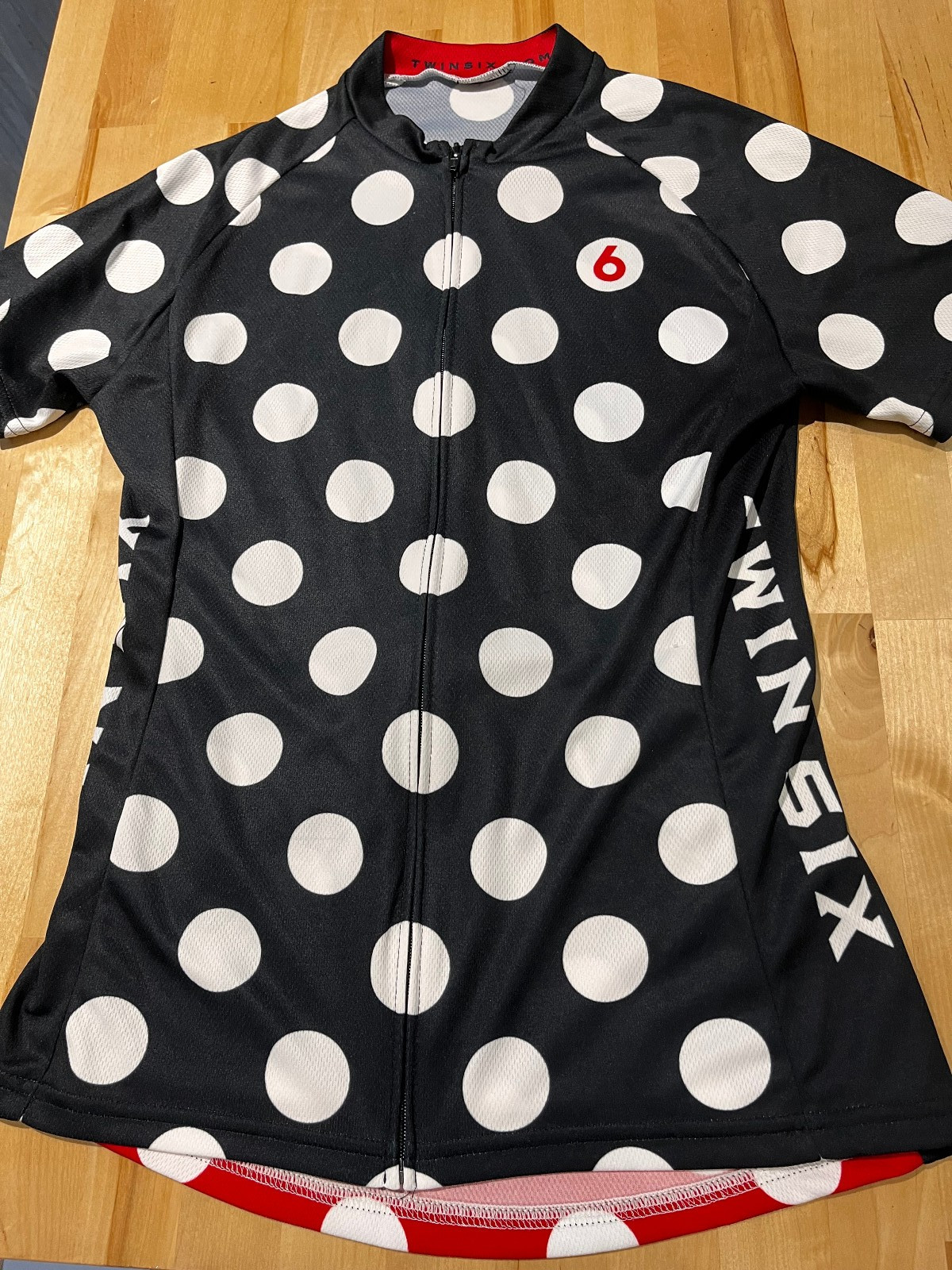 Twin Six Black/White Polka Dots w/ Red Trim Short Sleeve Full Zip Cycling Jersey