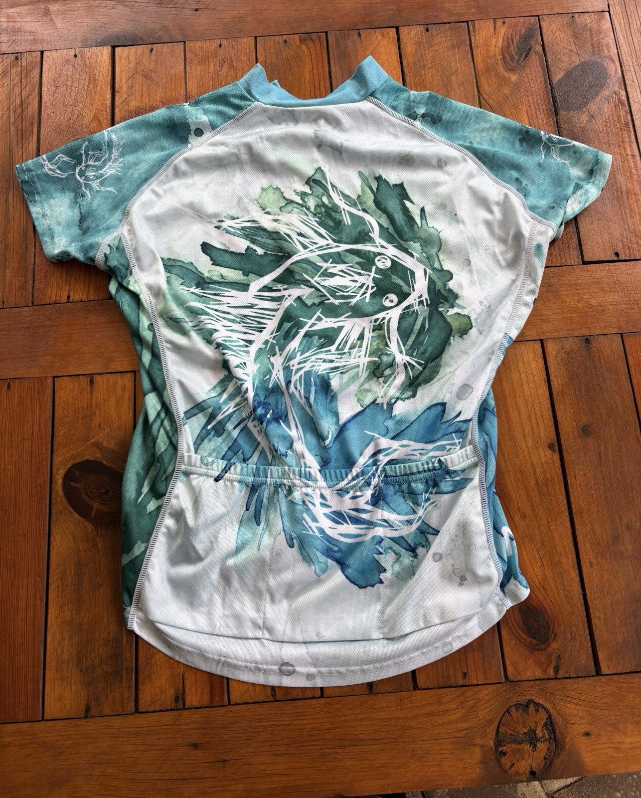 Primal Women’s Cycling Jersey, Sz M, Abstract Leaf Print, Aqua, Green, Pockets
