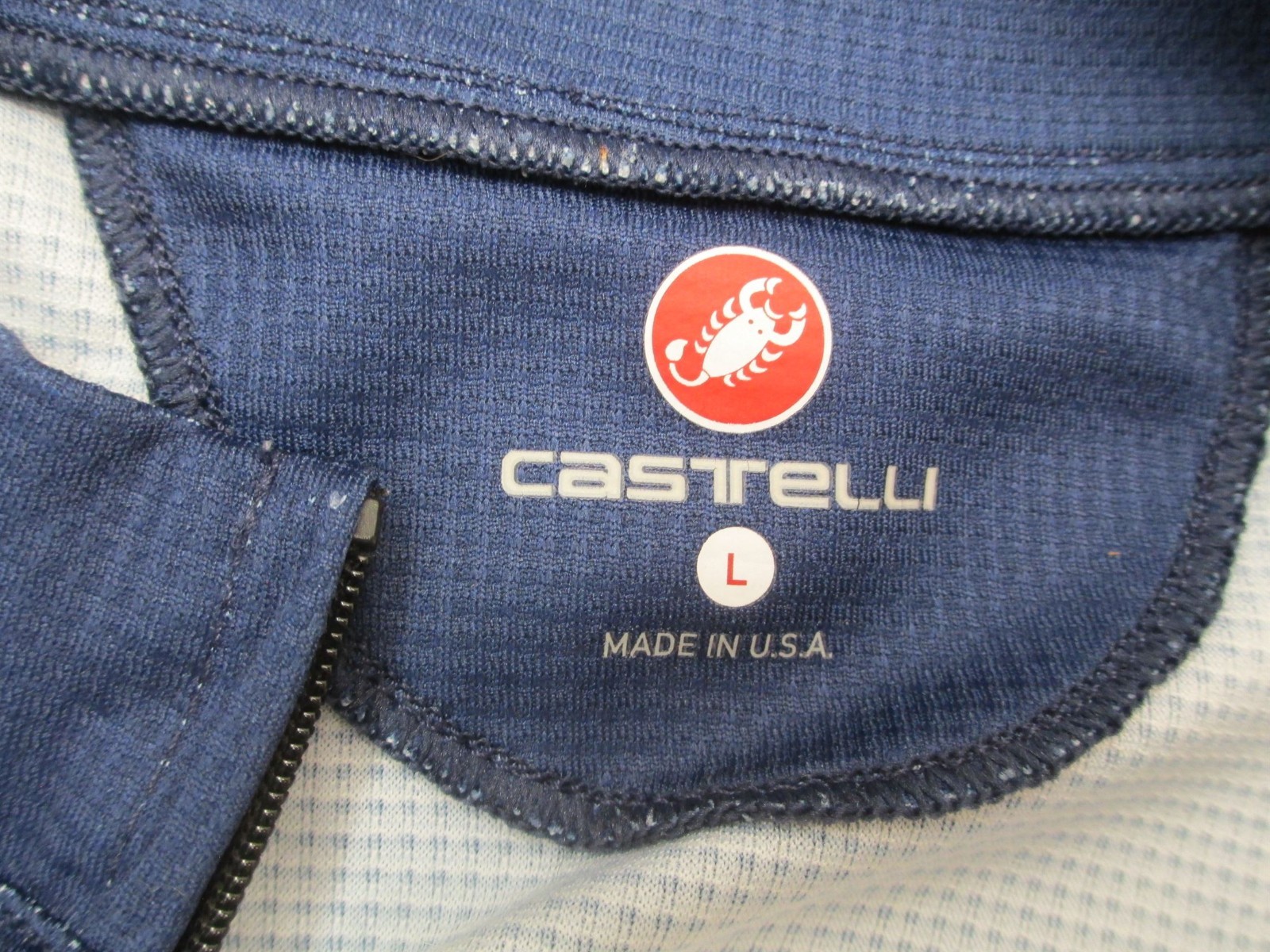 Castelli Size L Mens Blue Cycling Compression Full Zip Short Sleeve Logo Top 015