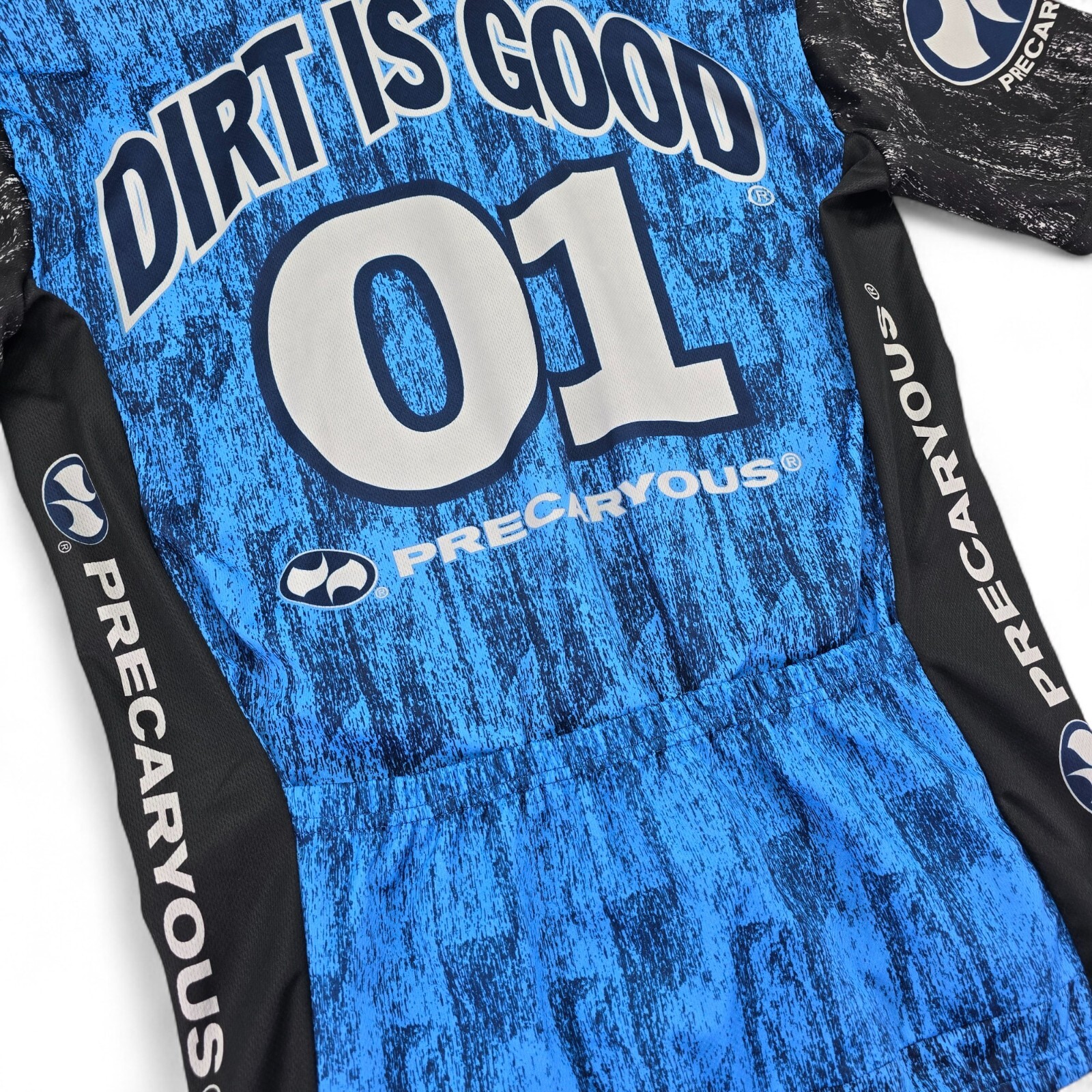 Precaryous Mens XL Cycling Jersey Dirt Is Good 3/4 Zip Pockets Blue Black