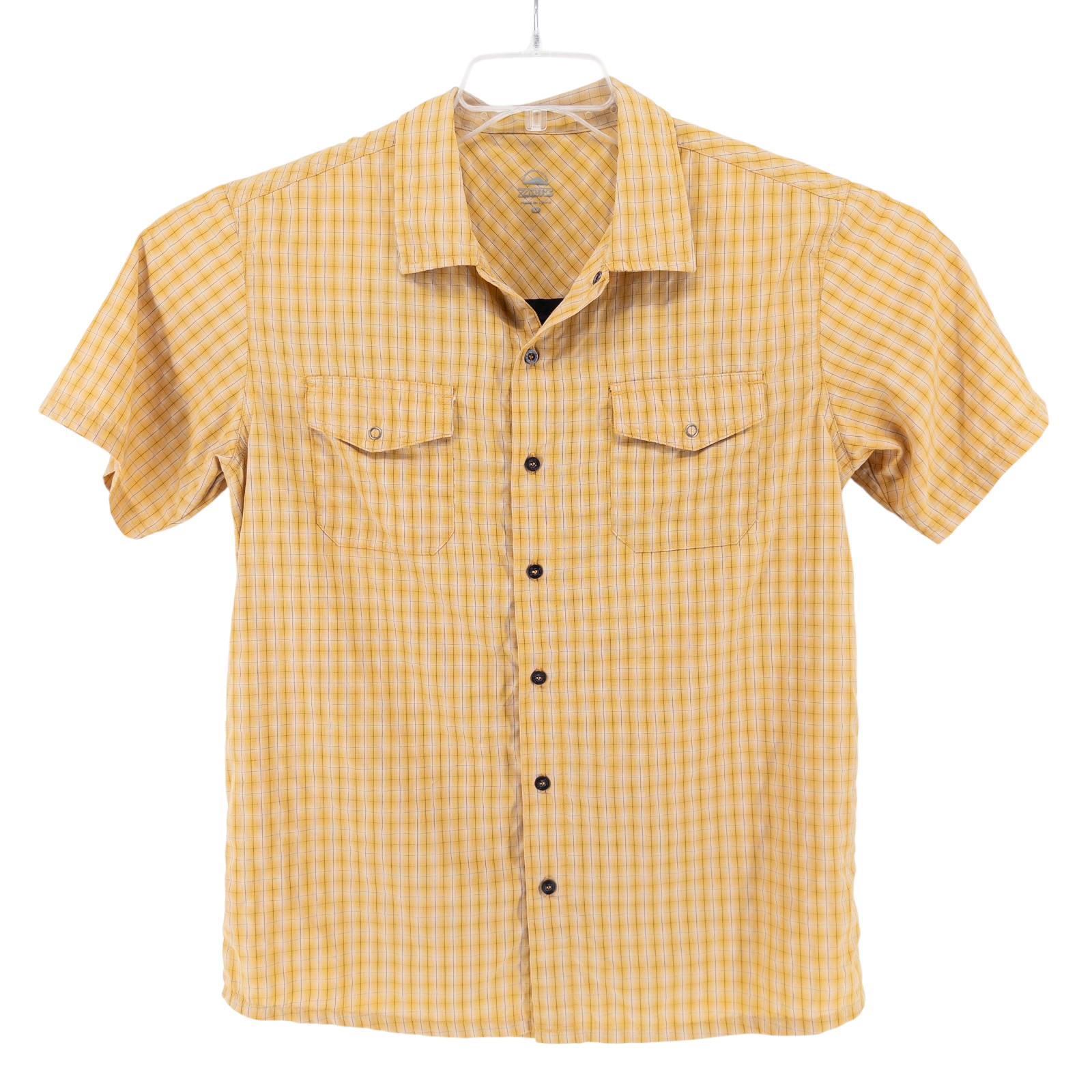 ZOIC Mens Med. Yellow Plaid Short Sleeve Shirt Cycling Snaps Pockets Vented Bike