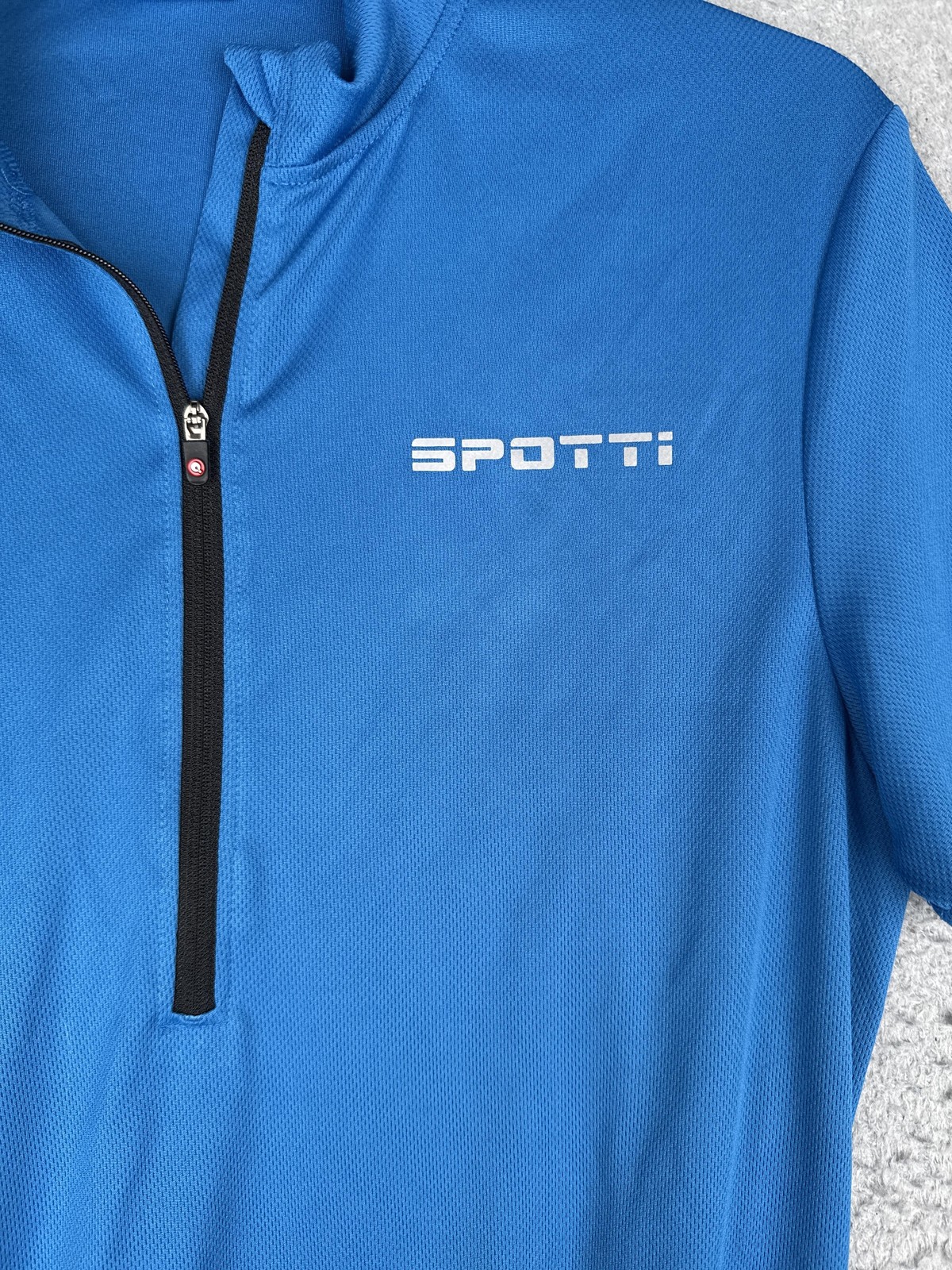 Spotti Cycling Jersey Mens Medium Blue 1/4 Zip Short Sleeve Pockets Bike Top