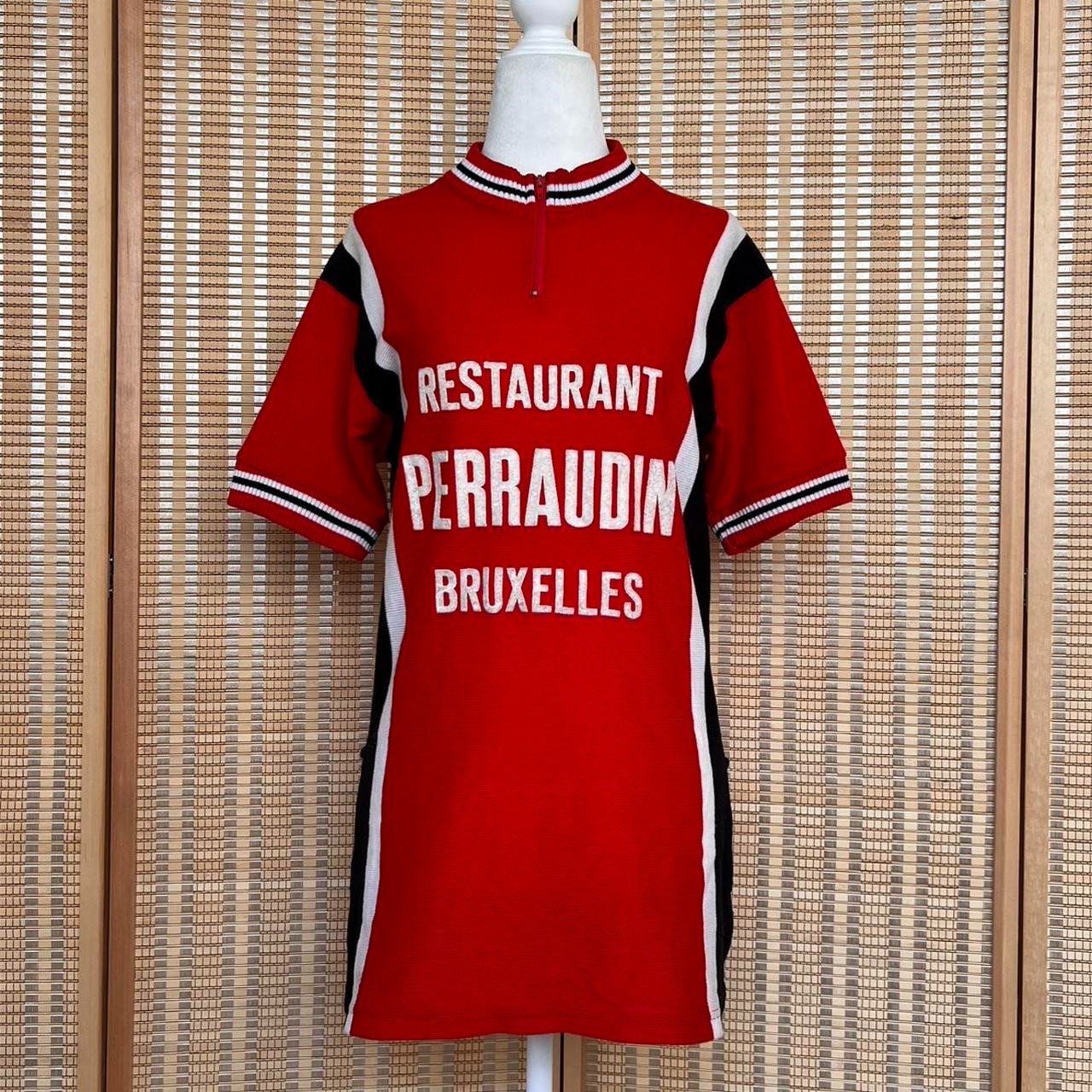 Vintage 1970s red, black and white cycling jersey with half zip