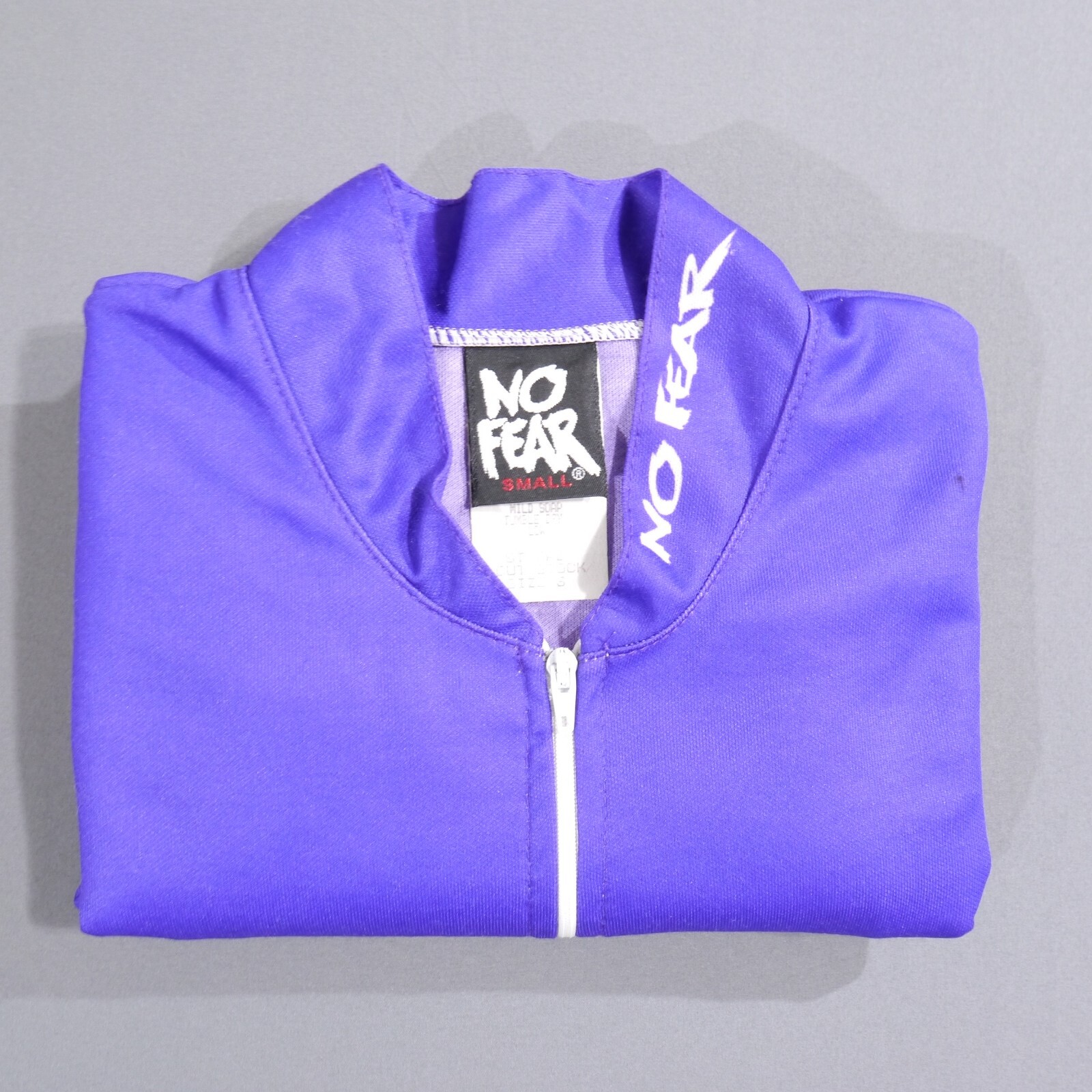 VTG 90’s USA No Fear Cycling Jersey Purple Zip All Over Print Fire Size Small
