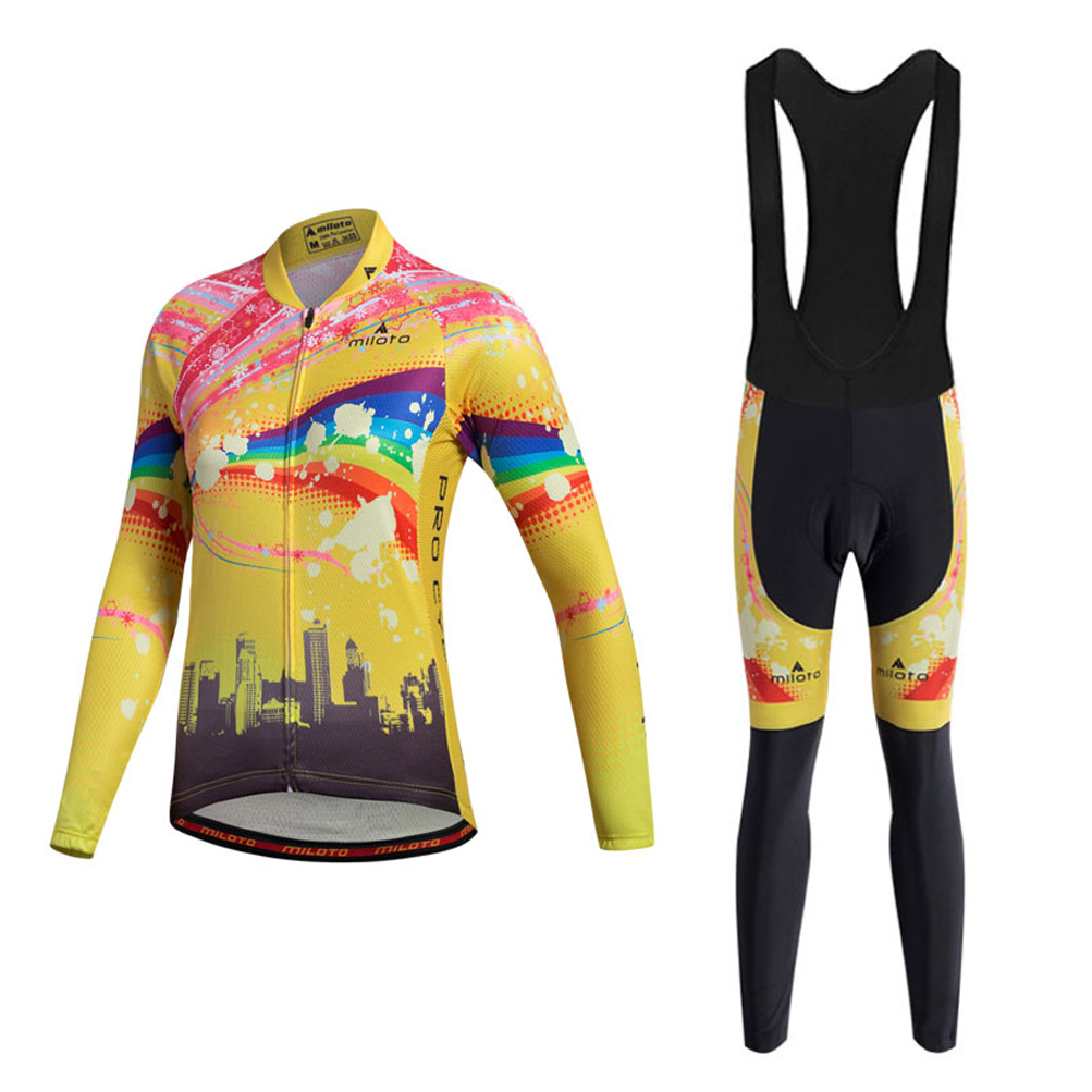 Women’s Yellow Bike Clothing Cycling Long Sleeve Jersey and Long (Bib) Pants Kit