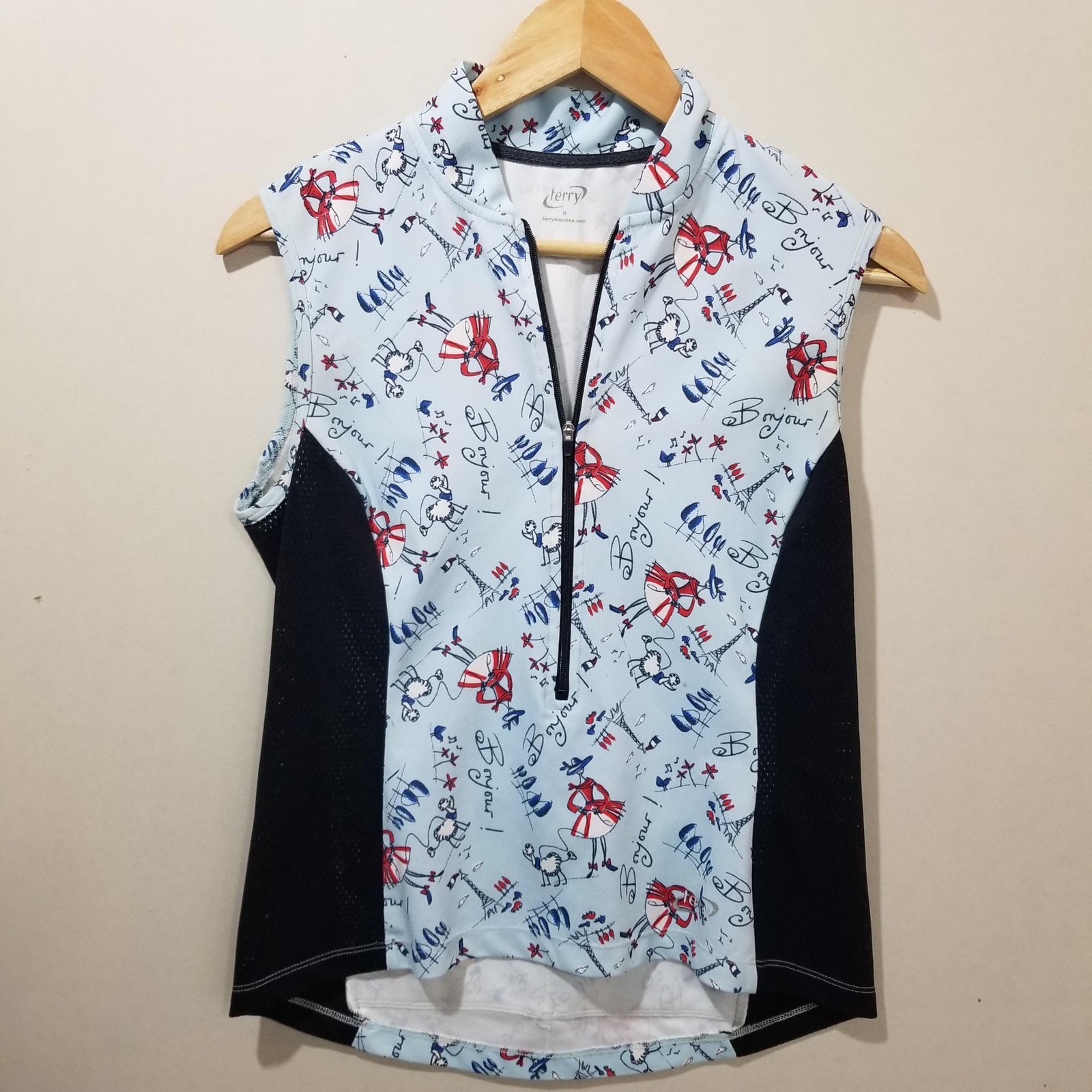 Terry Cycling Jersey Tank Womens Medium Blue Sleeveless Shirt USA Pockets Zip