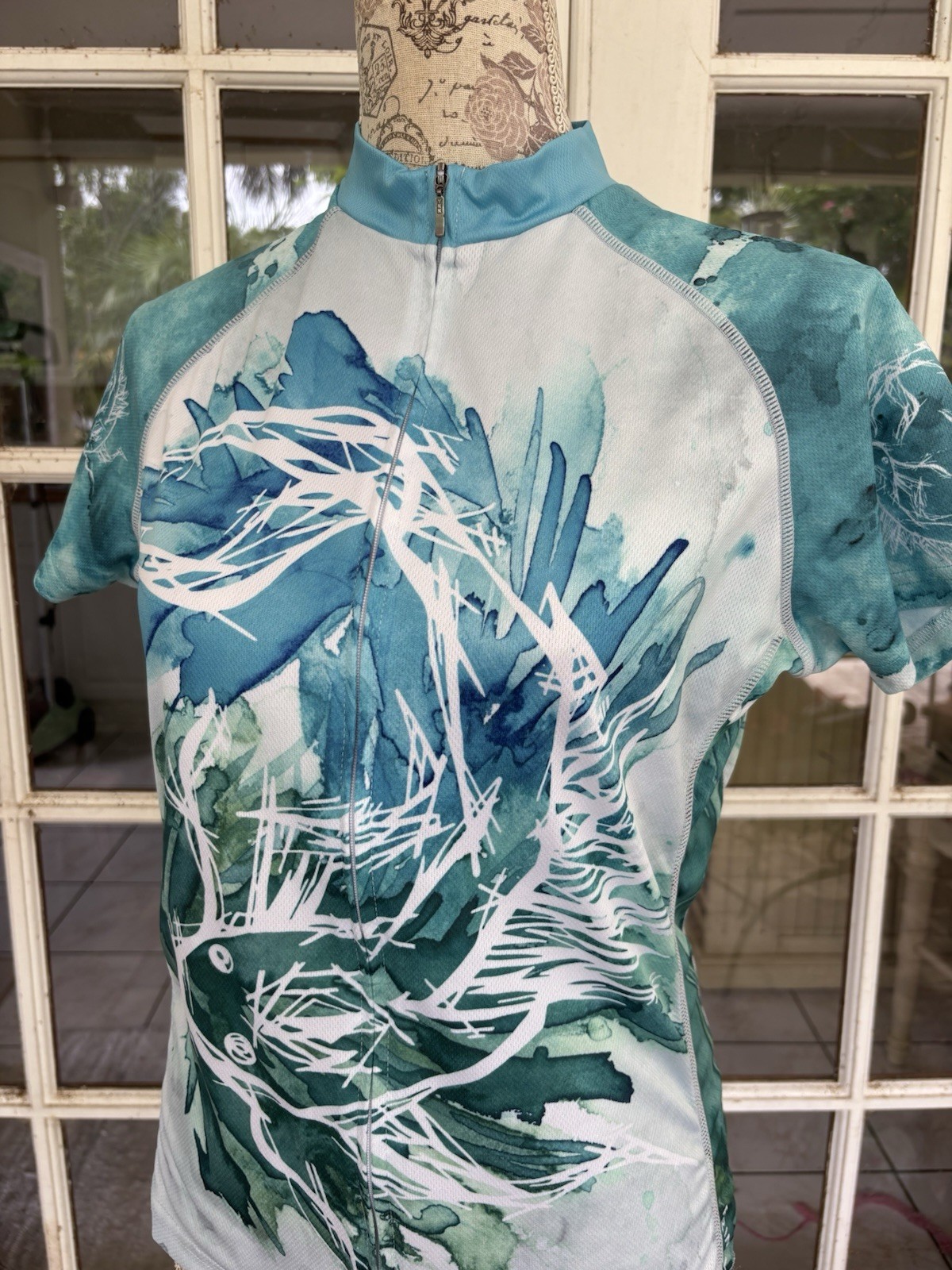 Primal Women’s Cycling Jersey, Sz M, Abstract Leaf Print, Aqua, Green, Pockets