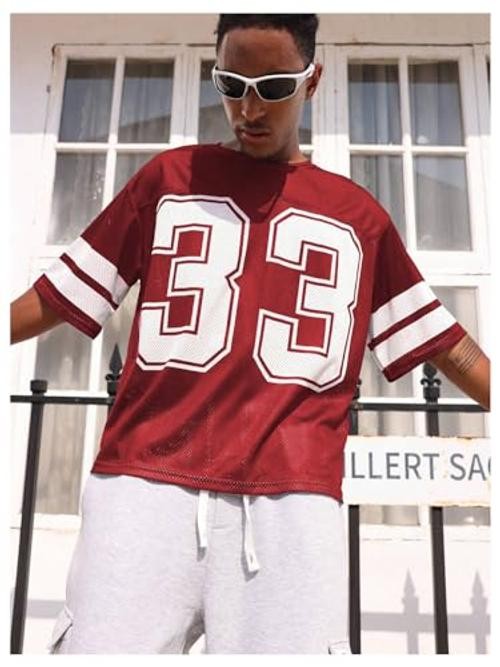 Men’s Jersey Shirts Oversized Graphic Print Mesh Baggy Cropped X-Large Red