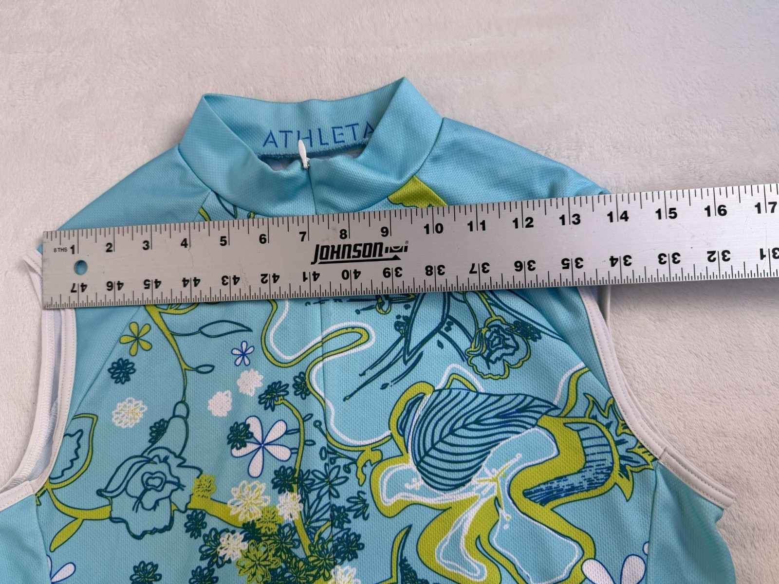 Athleta Women Sleeveless Cycling Jersey Tank Top Floral Blue Green Mock Neck Zip