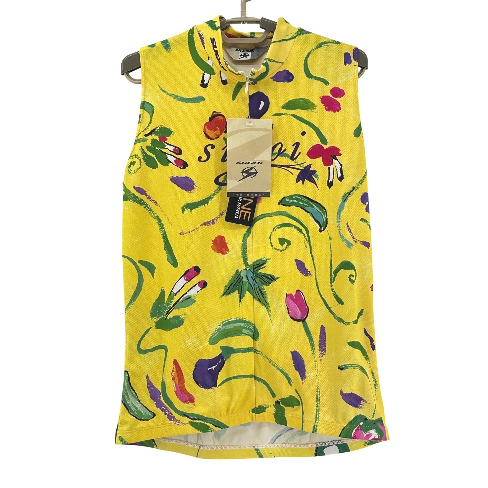 Sugoi Cycling Jersey Women Large Yellow Floral Technifine Sleeveless NEW Zip Top