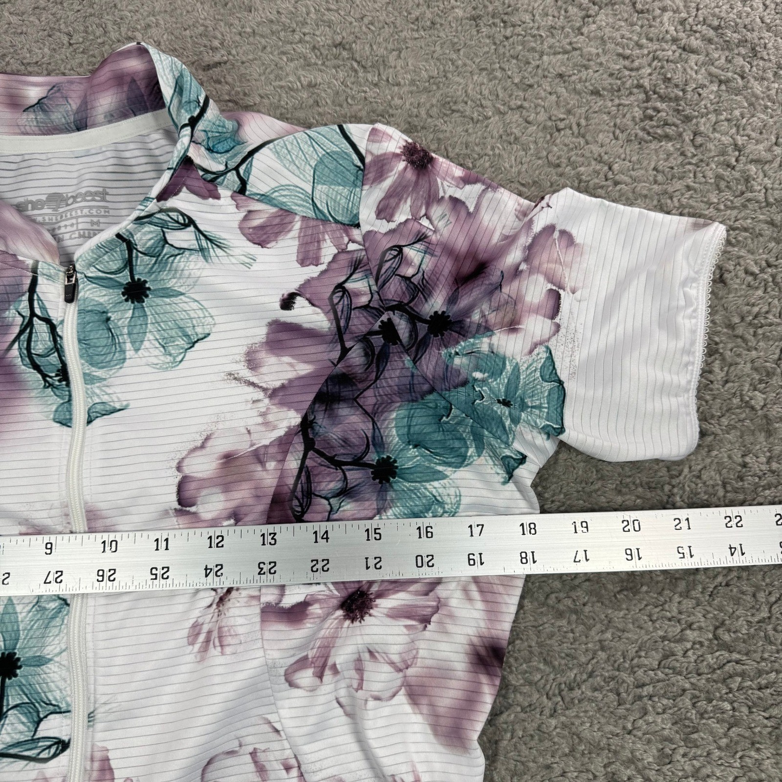 Shebeest Womens Floral Cycling Jersey White Purple Teal Short Sleeve Half Zip M