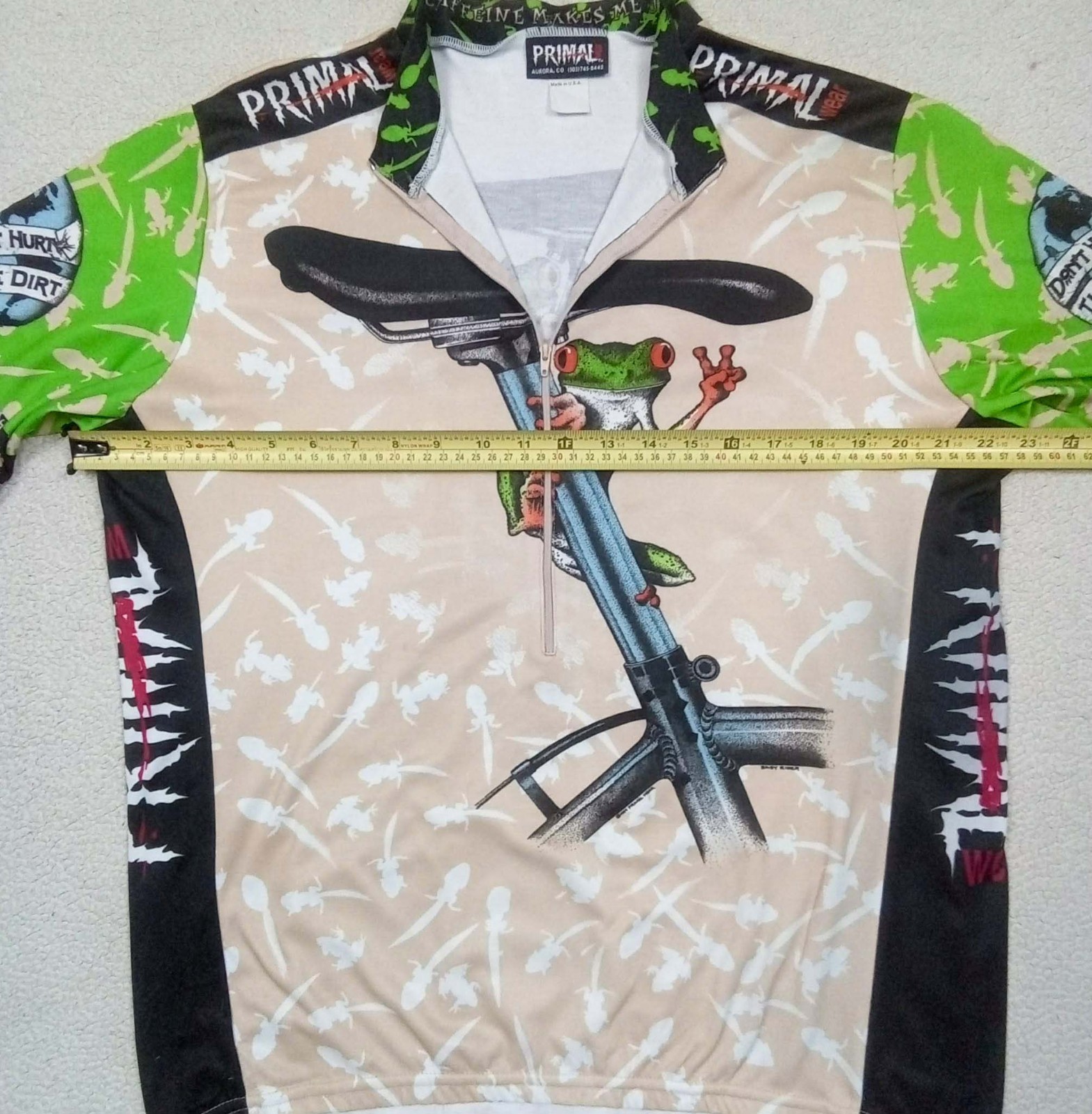 VTG 1999 Primal Wear “Easy Rider” Frog Cycling Jersey Caffeine Makes Me Jumpy XL