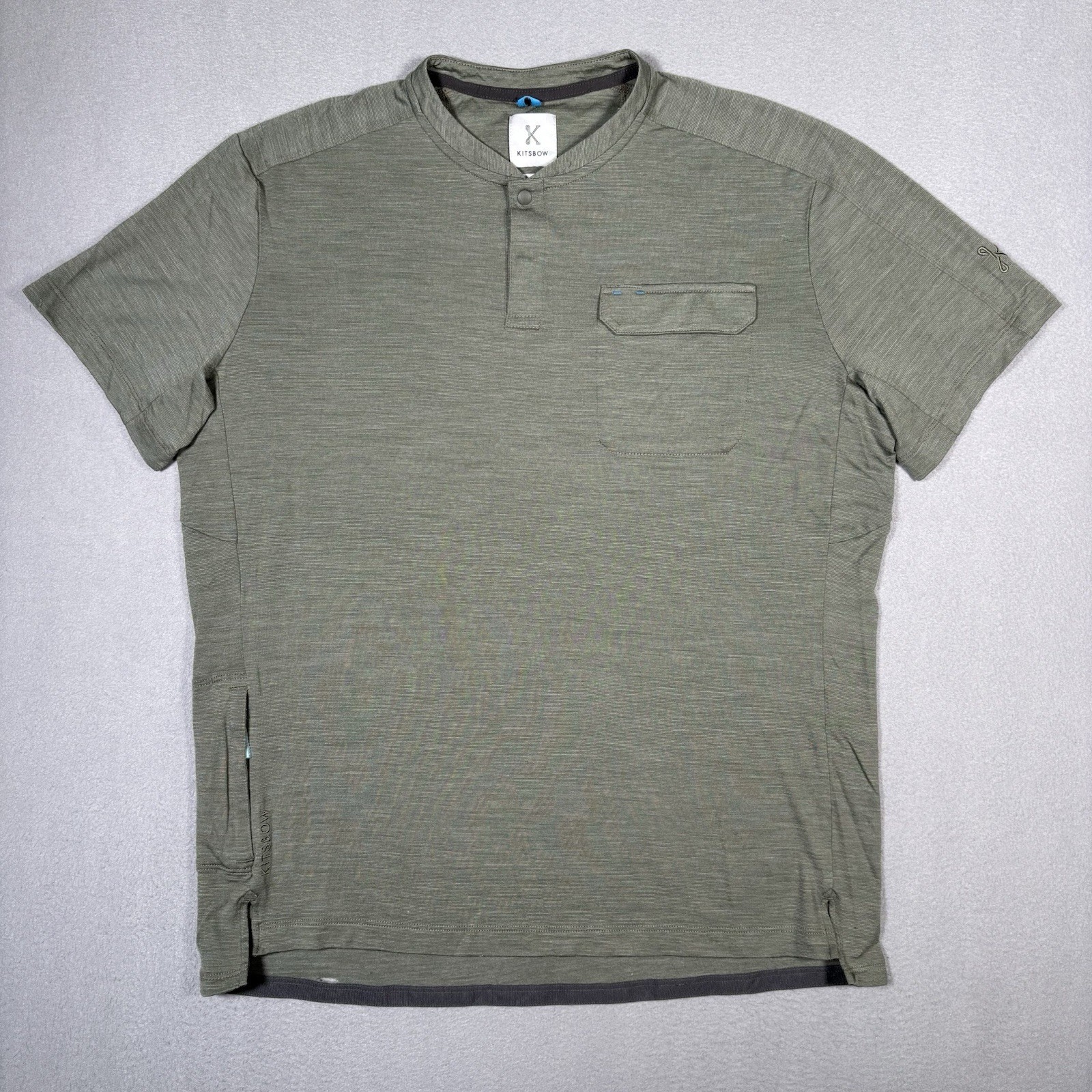 Kitsbow Kyber Collared Henley Shirt Men’s Large Heather Green Merino Wool Holes