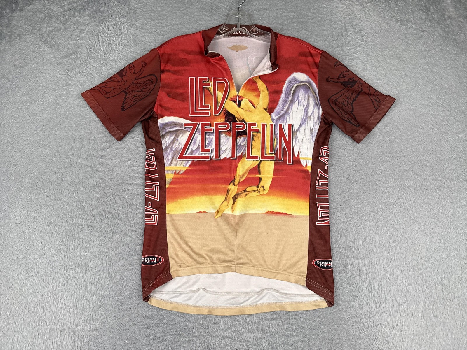 VINTAGE Primal Wear Led Zeppelin Cycling Jersey Mens Small Red Orange Half Zip