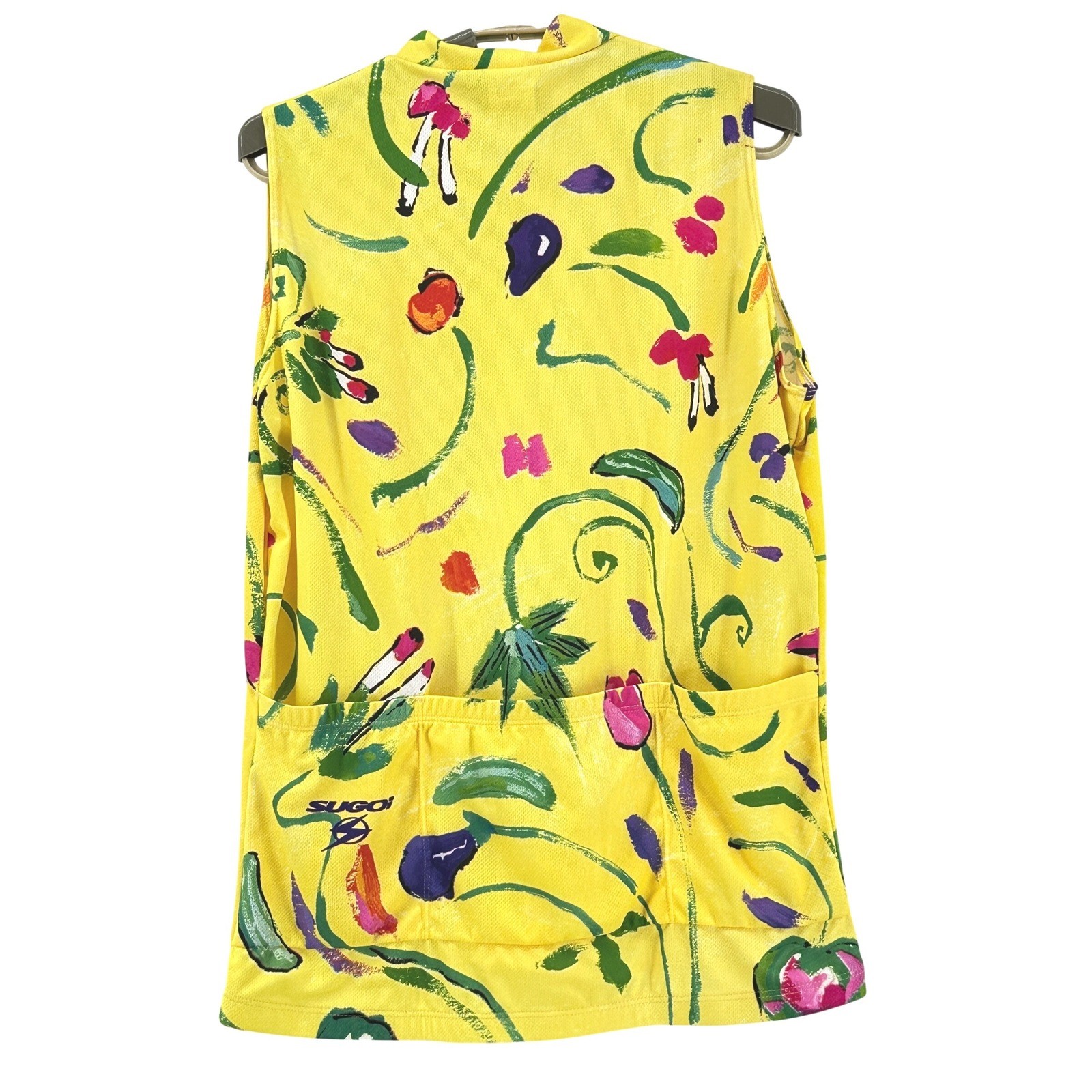 Sugoi Cycling Jersey Women Large Yellow Floral Technifine Sleeveless NEW Zip Top