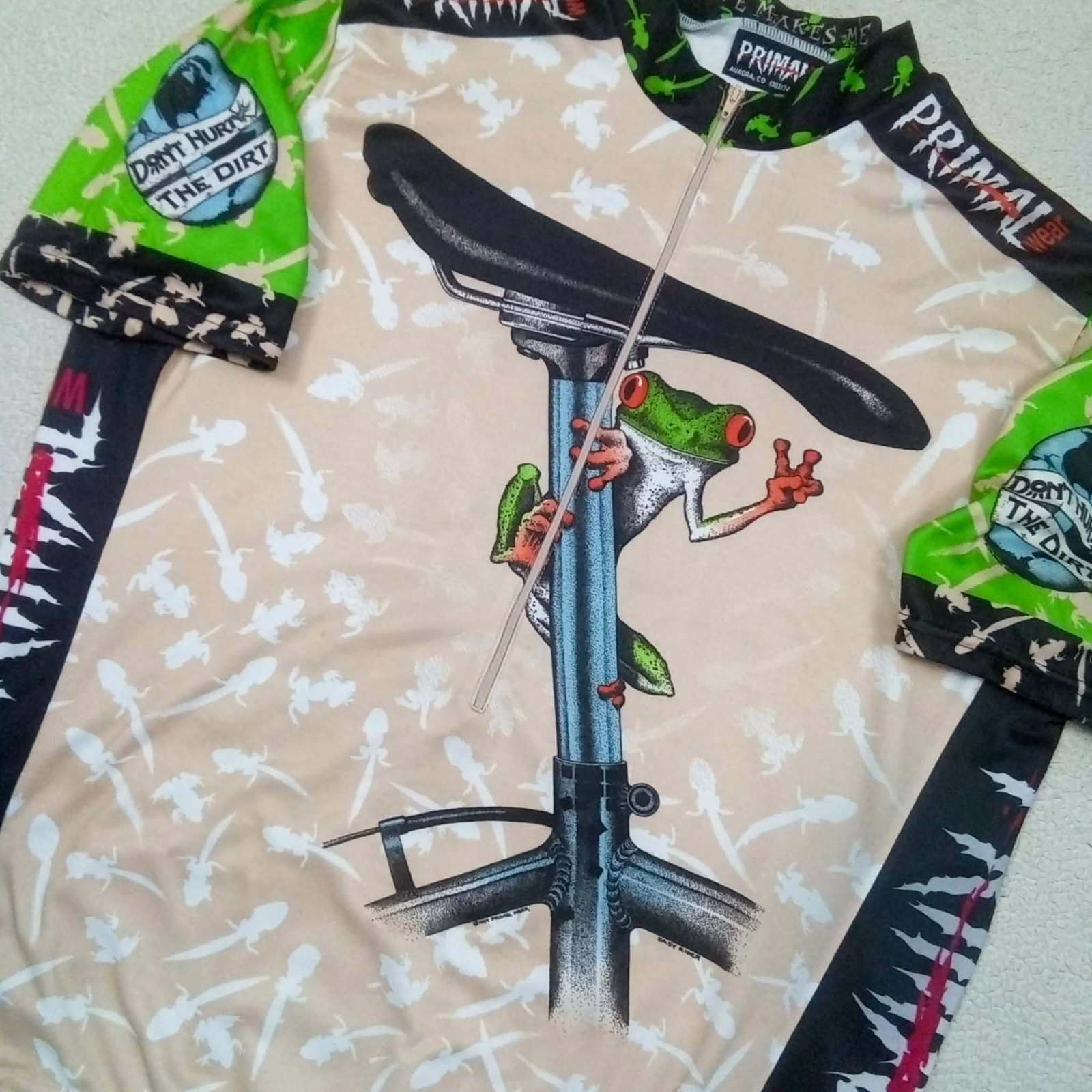 VTG 1999 Primal Wear “Easy Rider” Frog Cycling Jersey Caffeine Makes Me Jumpy XL
