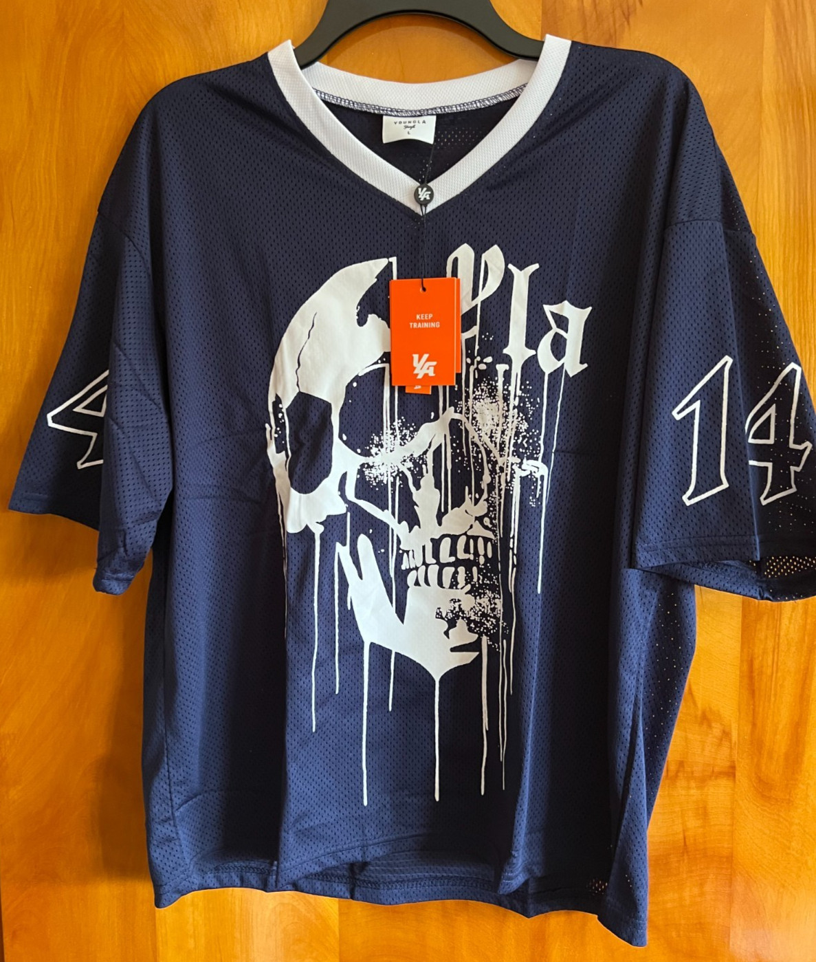 NWT YOUNGLA Large Navy Mesh Drippy Skull Jersey