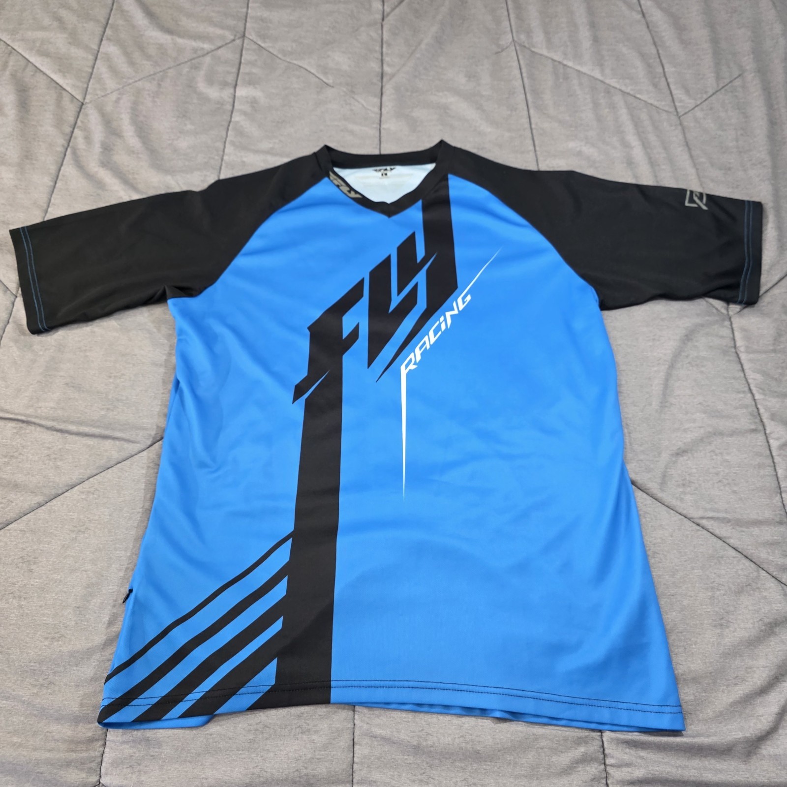Fly Racing MTB BMX Bicycle Jersey Mens Large Short Sleeve Blue Black Stretch