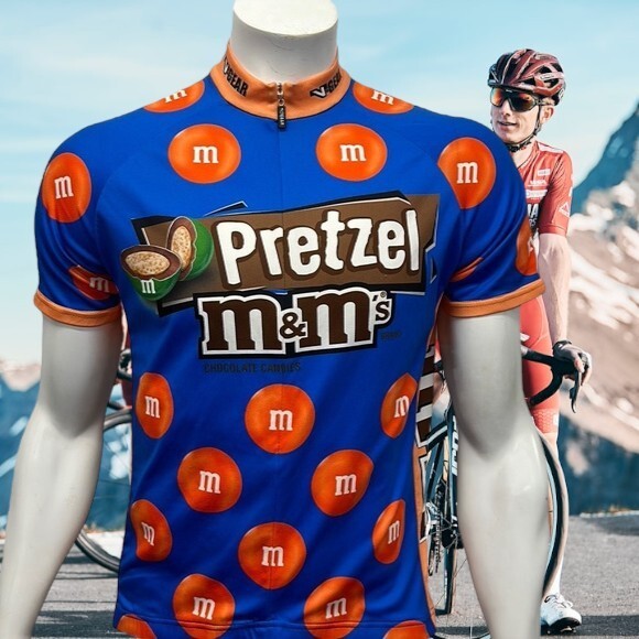 V-Gear Pretzel M&M Candies Race Cut Blue Orange Cycling Jersey Adult Medium EUC