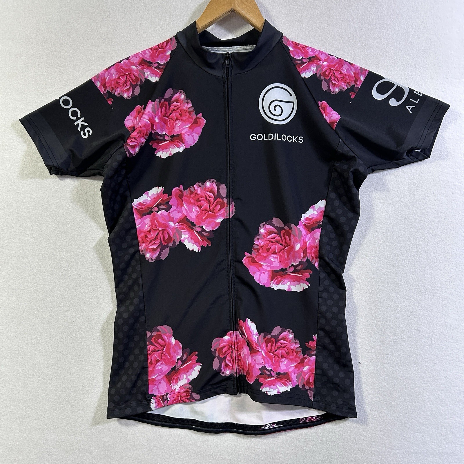 Albion Cycling Jersey Womens L Pink Black Floral Nylon Goldilocks Utah Full Zip
