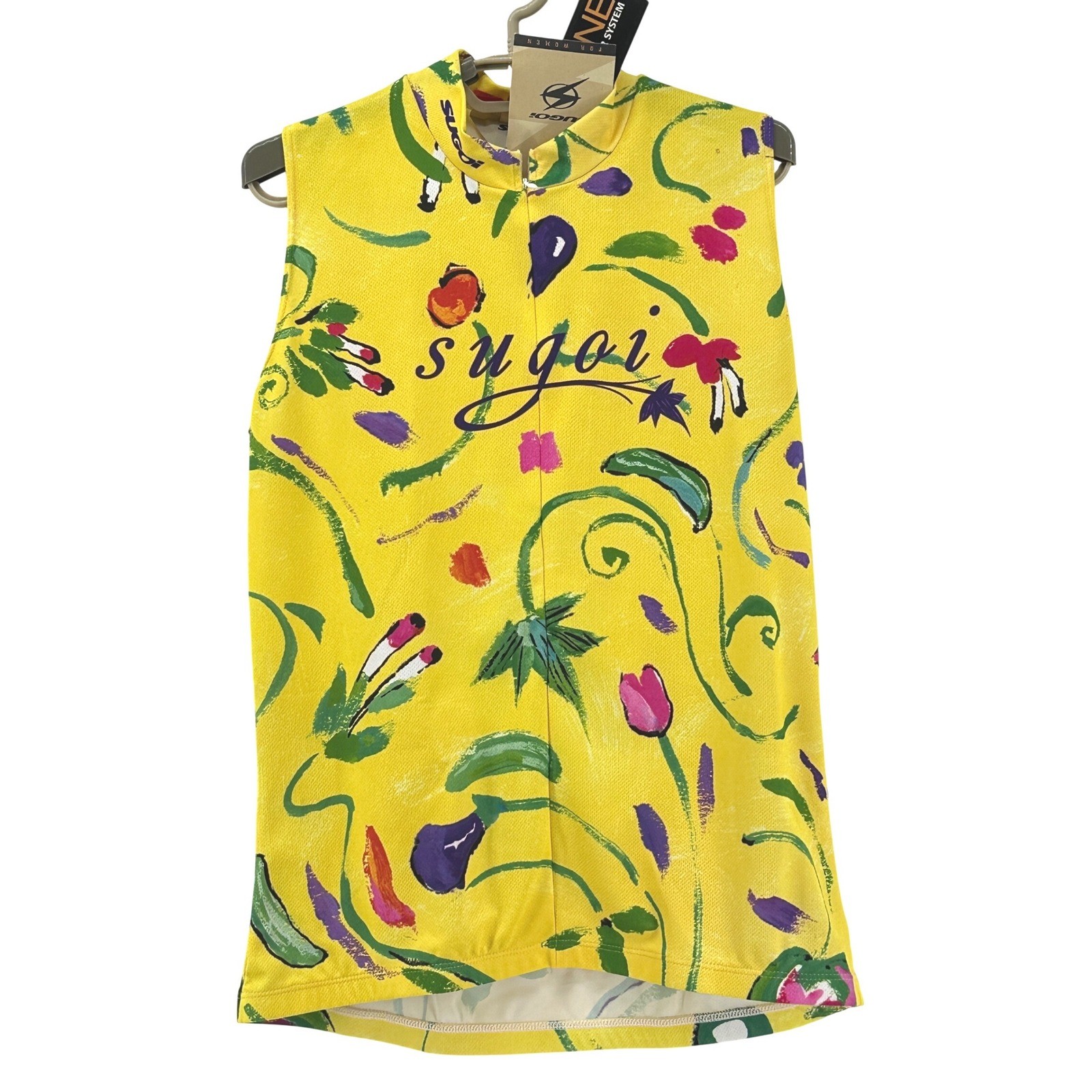 Sugoi Cycling Jersey Women Large Yellow Floral Technifine Sleeveless NEW Zip Top