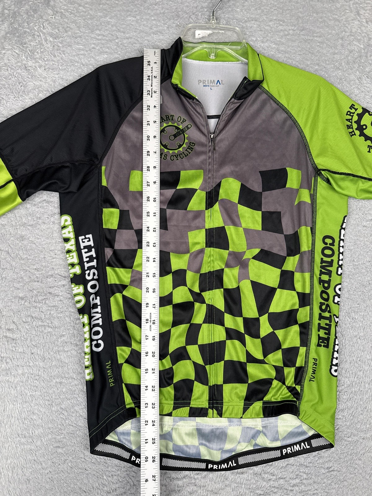 Primal Cycling Jersey Mens Large Green Black Check Graphic 1/4 Zip Pockets Bike