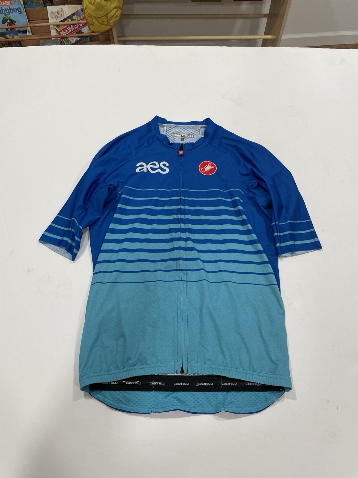 Castelli AES Cycling Jersey Blue Ombre Stripe Scorpion Logo Mens Medium