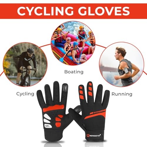 Cycling Gloves for Men Women, Full Finger, Anti-Slip Touchscreen Medium Red