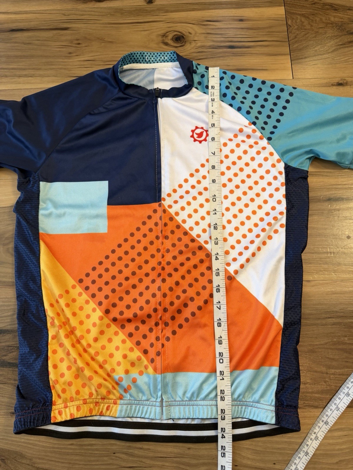 Cycling Jersey Men’s Large Blue Orange Geometric Full Zip Bike Shirt Race Top