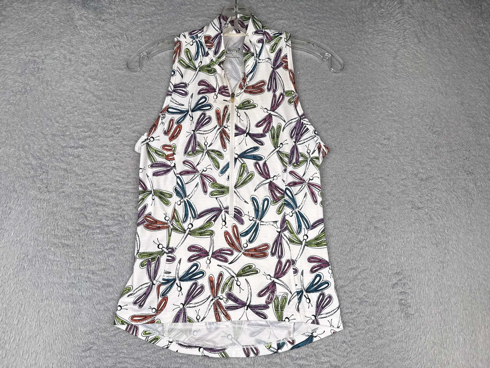Terry Cycling Jersey Women Small Dragonfly Sleeveless Top Zip Back Pockets STAIN